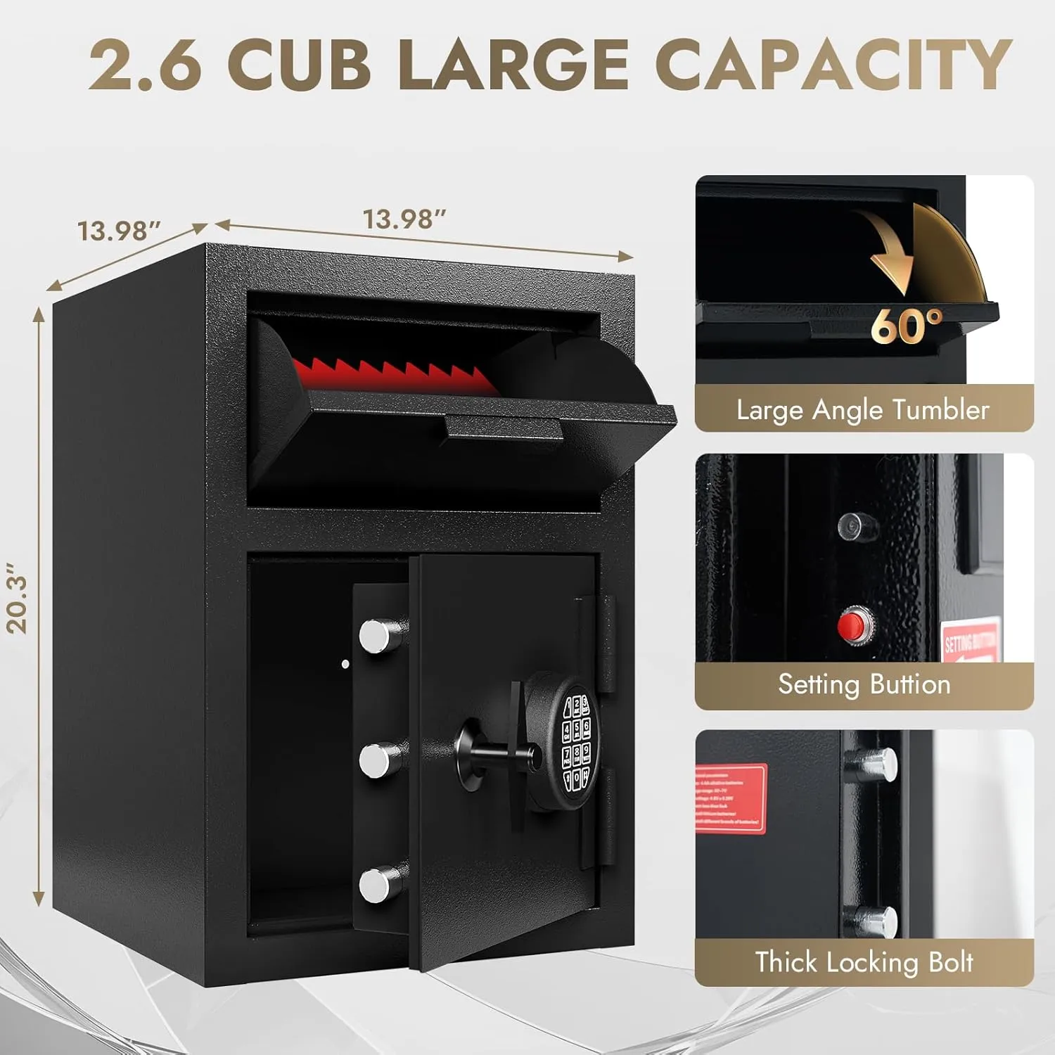 Business Safe Box with Drop Slot, Depository Drop Safes Digital Combination Money Safe Anti-Fishing Deposit Safes for Home Office Hotel Cash Slips Expense (2.6 CUB)