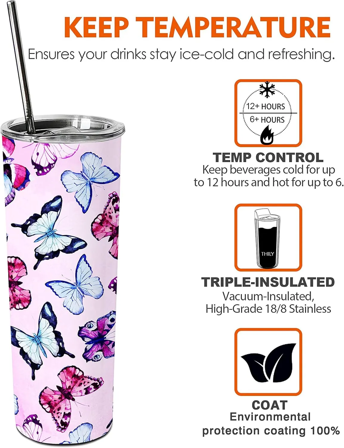 Butterfly Gifts for Women Butterfly Decor,The best birthday gift,20oz with Lid and Straw Insulated Stainless Steel Coffee Travel Mug Water Bottle