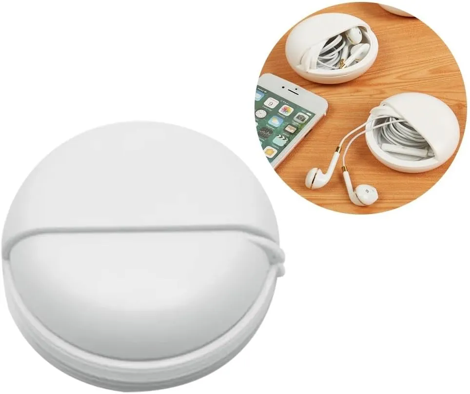 Cable Management Box Round Earphone Wire Box Organizer Data Line Cables Storage Case Plastic Container Jewelry Headphone Protect with Rotating Cover Cable Management Organiser Box(White)