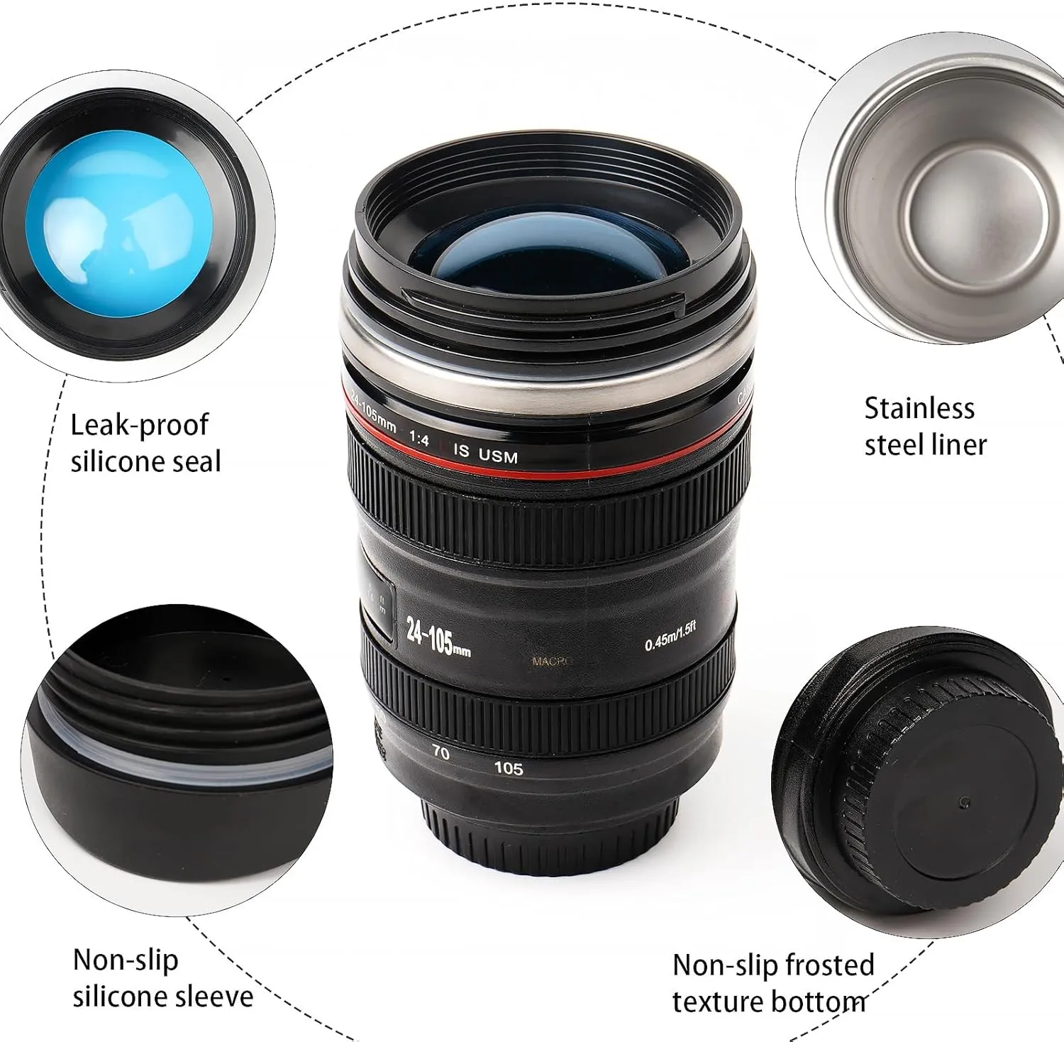 Camera Lens Coffee Mug,Travel Coffee Cup,Stainless Steel Lens Mug Thermos Camera Mugs with Lid and Spoon,Cool Gifts for Photographers Men and Women