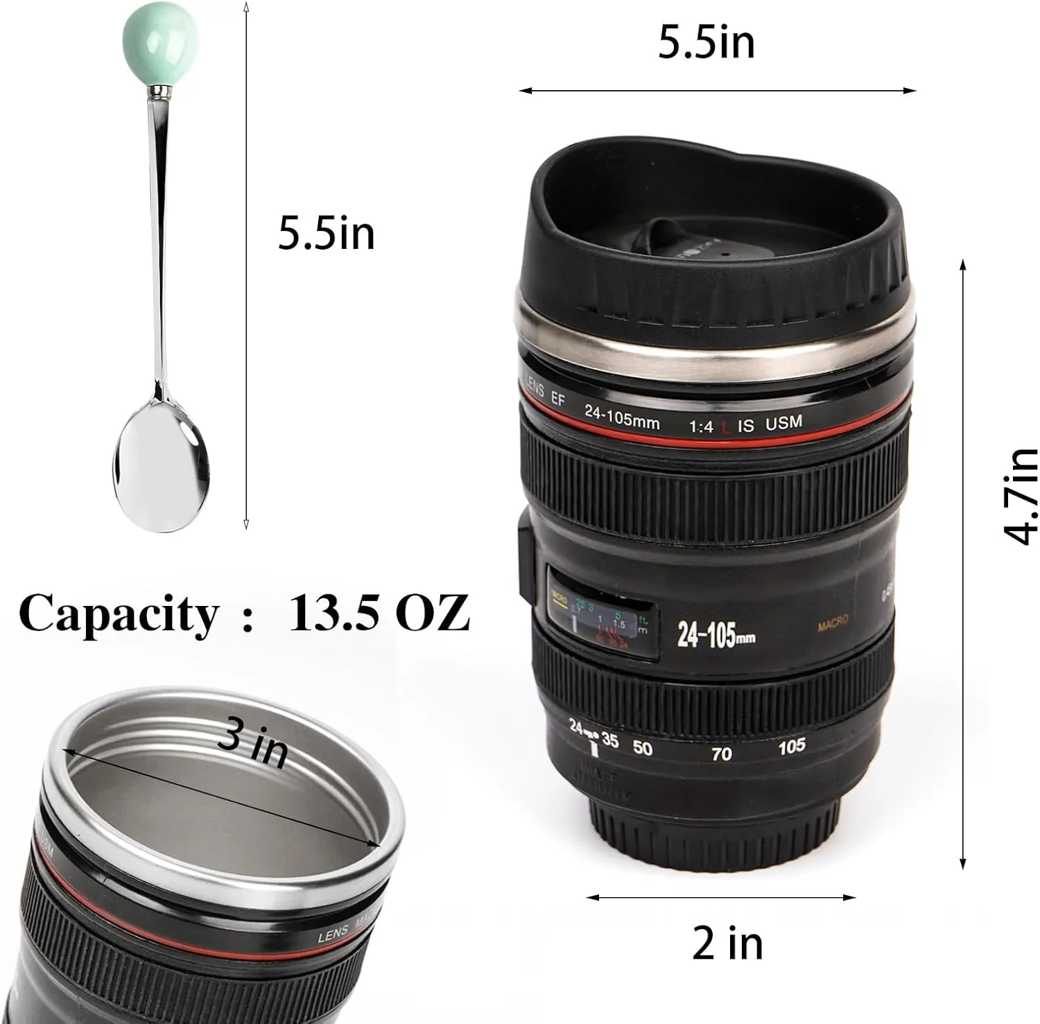 Camera Lens Coffee Mug,Travel Coffee Cup,Stainless Steel Lens Mug Thermos Camera Mugs with Lid and Spoon,Cool Gifts for Photographers Men and Women