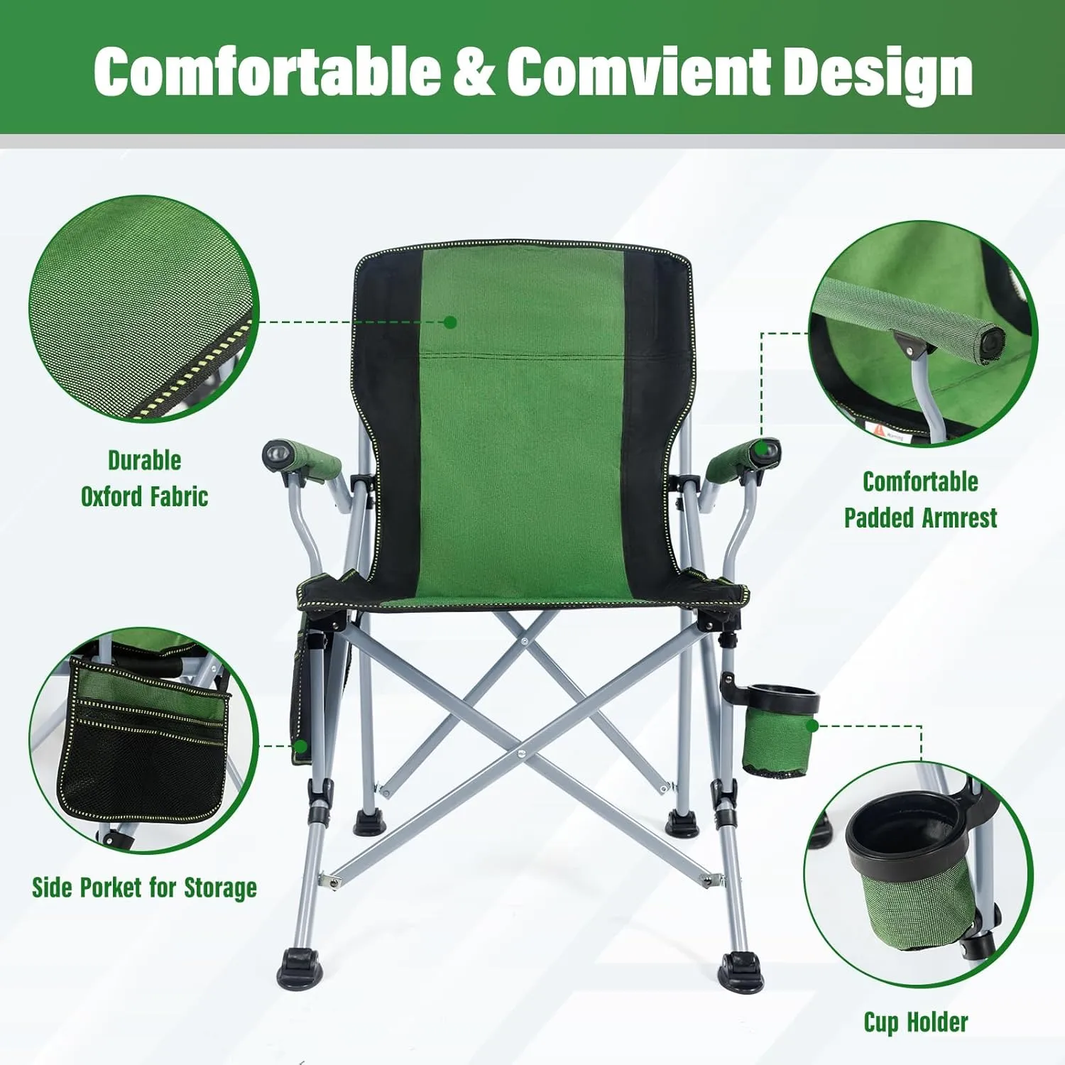 Camping Chair for Adults,Portable Folding Lawn Chair for Outside,Heavy Duty Camping Chair Support up to 330lbs,Collapsible Outdoor Beach Chair with Cup Holder(Green)