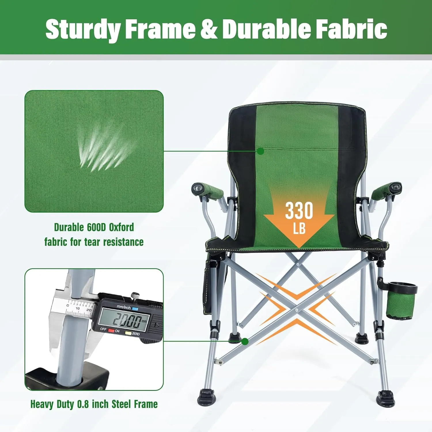 Camping Chair for Adults,Portable Folding Lawn Chair for Outside,Heavy Duty Camping Chair Support up to 330lbs,Collapsible Outdoor Beach Chair with Cup Holder(Green)