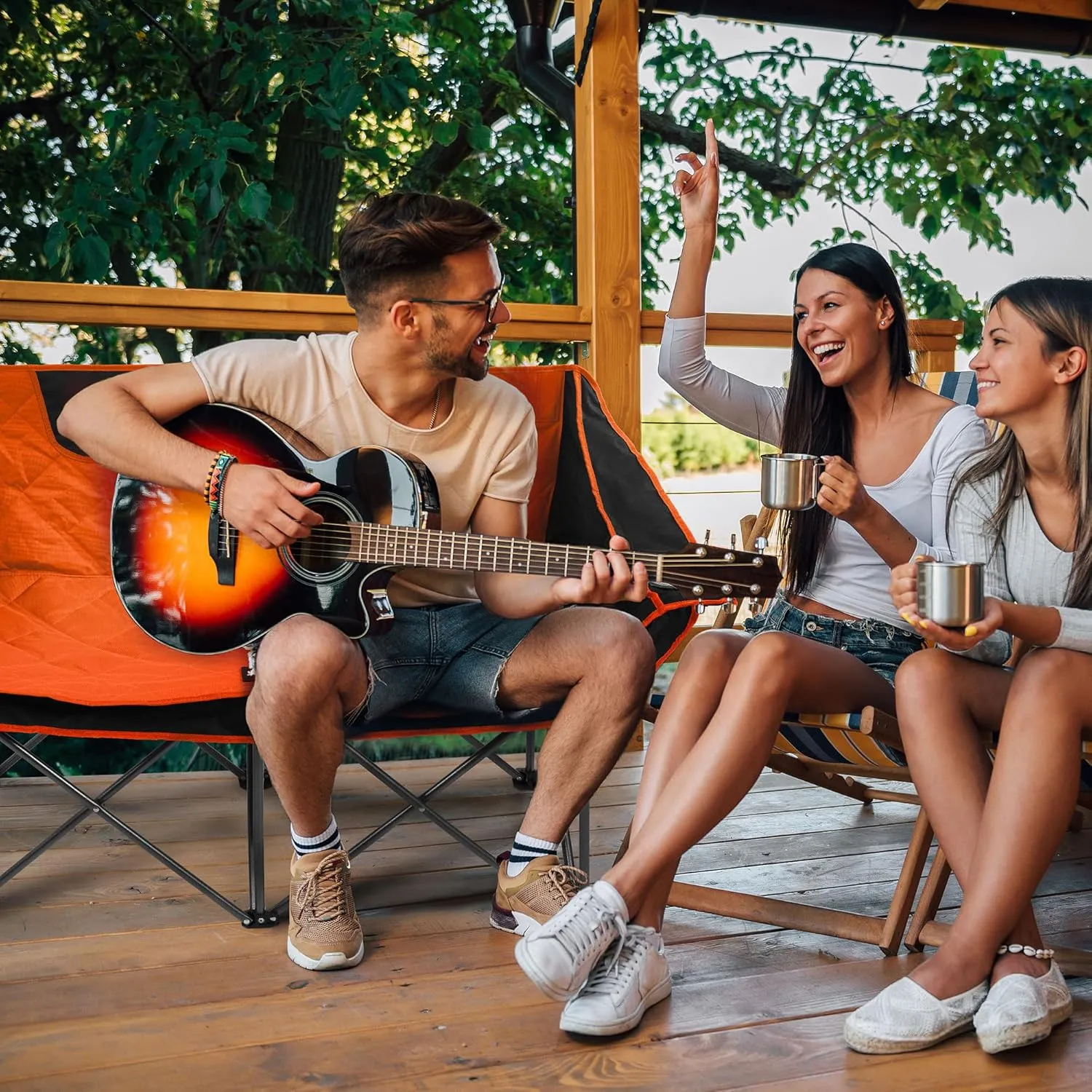 Camping Chair, Oversized Loveseat Double 2 Person Outdoor Chair with Arms, Cup Holder and Carry Bag, Heavy-Duty Collapsible Chair for Outside, Black/Orange