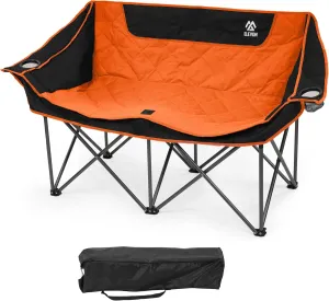 Camping Chair, Oversized Loveseat Double 2 Person Outdoor Chair with Arms, Cup Holder and Carry Bag, Heavy-Duty Collapsible Chair for Outside, Black/Orange