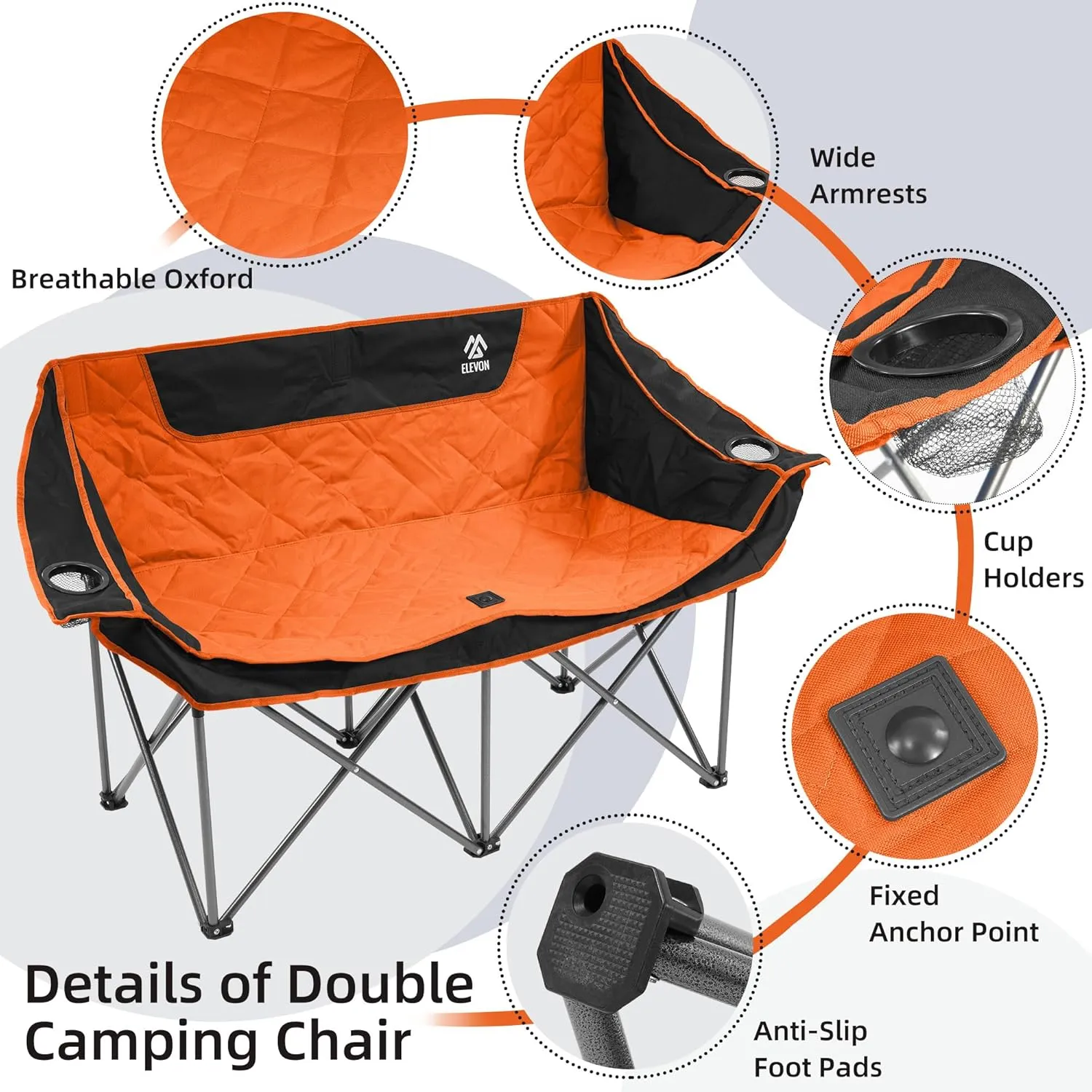 Camping Chair, Oversized Loveseat Double 2 Person Outdoor Chair with Arms, Cup Holder and Carry Bag, Heavy-Duty Collapsible Chair for Outside, Black/Orange
