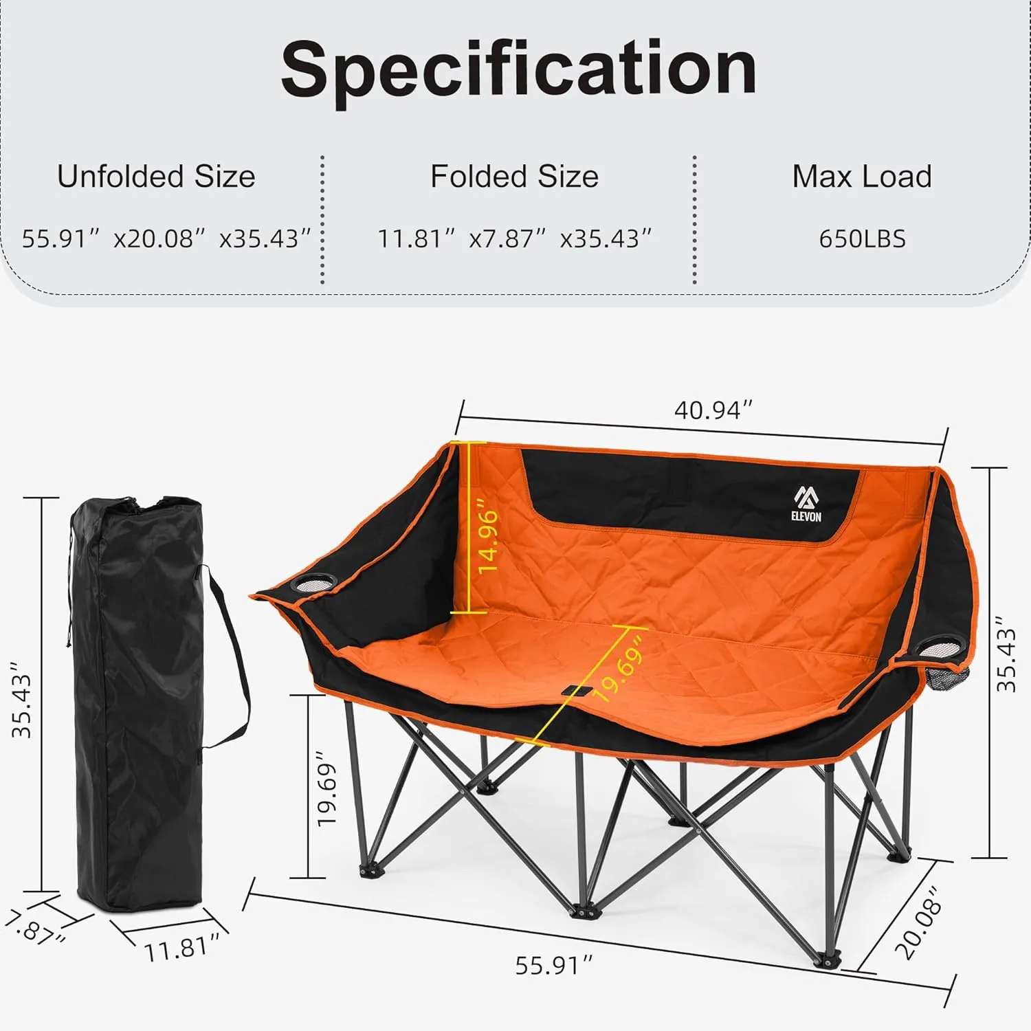 Camping Chair, Oversized Loveseat Double 2 Person Outdoor Chair with Arms, Cup Holder and Carry Bag, Heavy-Duty Collapsible Chair for Outside, Black/Orange