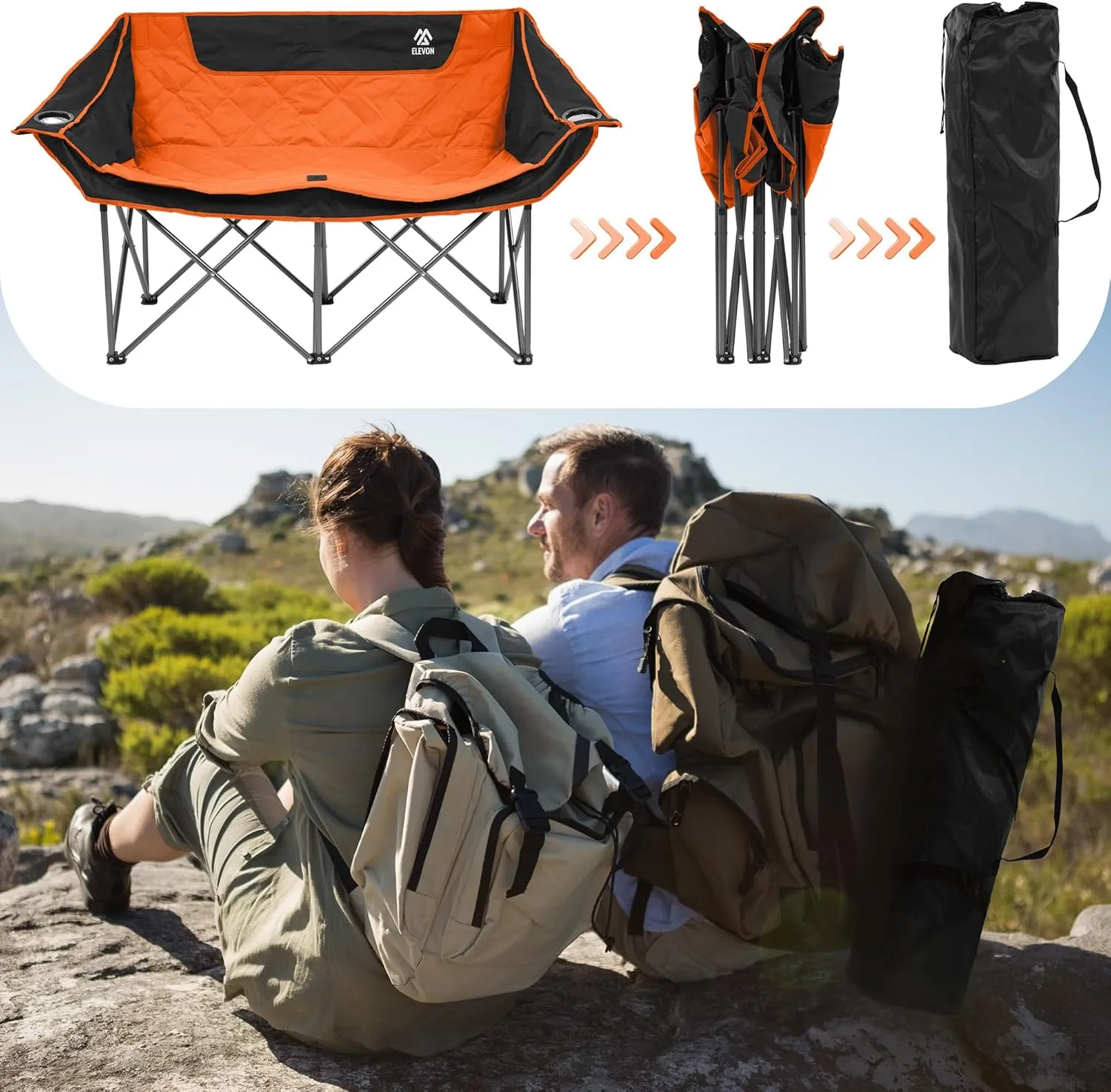 Camping Chair, Oversized Loveseat Double 2 Person Outdoor Chair with Arms, Cup Holder and Carry Bag, Heavy-Duty Collapsible Chair for Outside, Black/Orange
