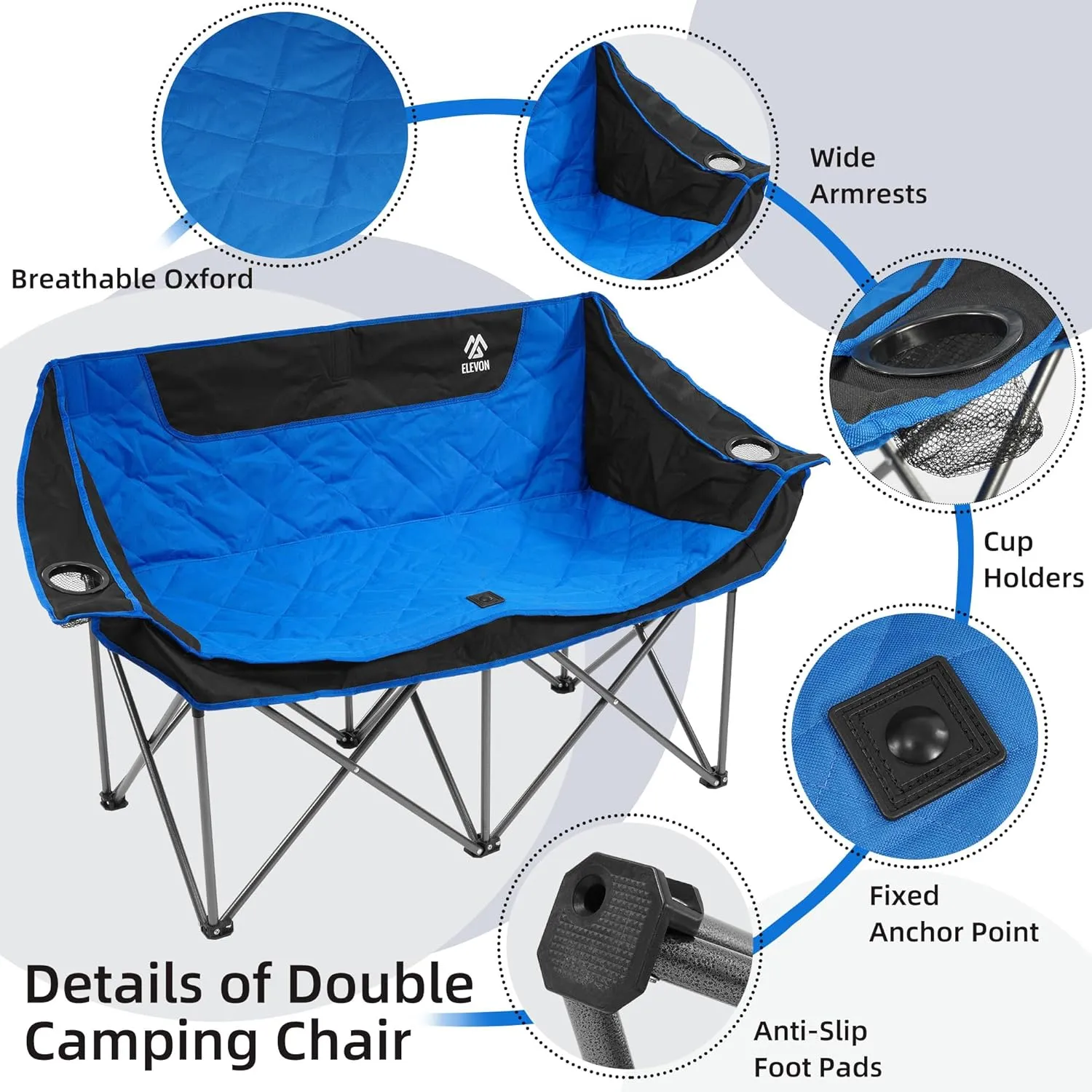 Camping Chair, Oversized Loveseat Double 2 Person Outdoor Chair with Arms, Cup Holder and Carry Bag, Heavy-Duty Collapsible Chair for Outside, Blue