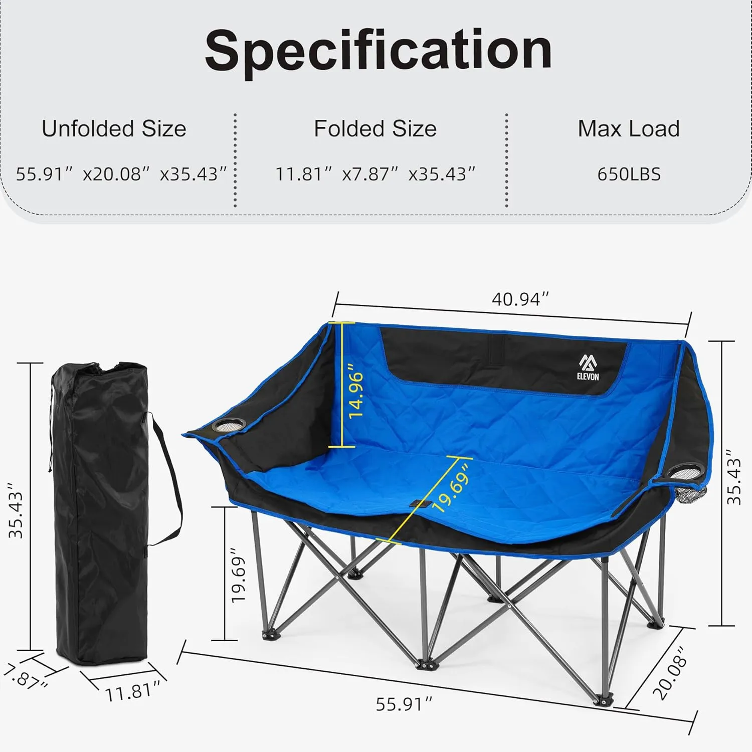 Camping Chair, Oversized Loveseat Double 2 Person Outdoor Chair with Arms, Cup Holder and Carry Bag, Heavy-Duty Collapsible Chair for Outside, Blue