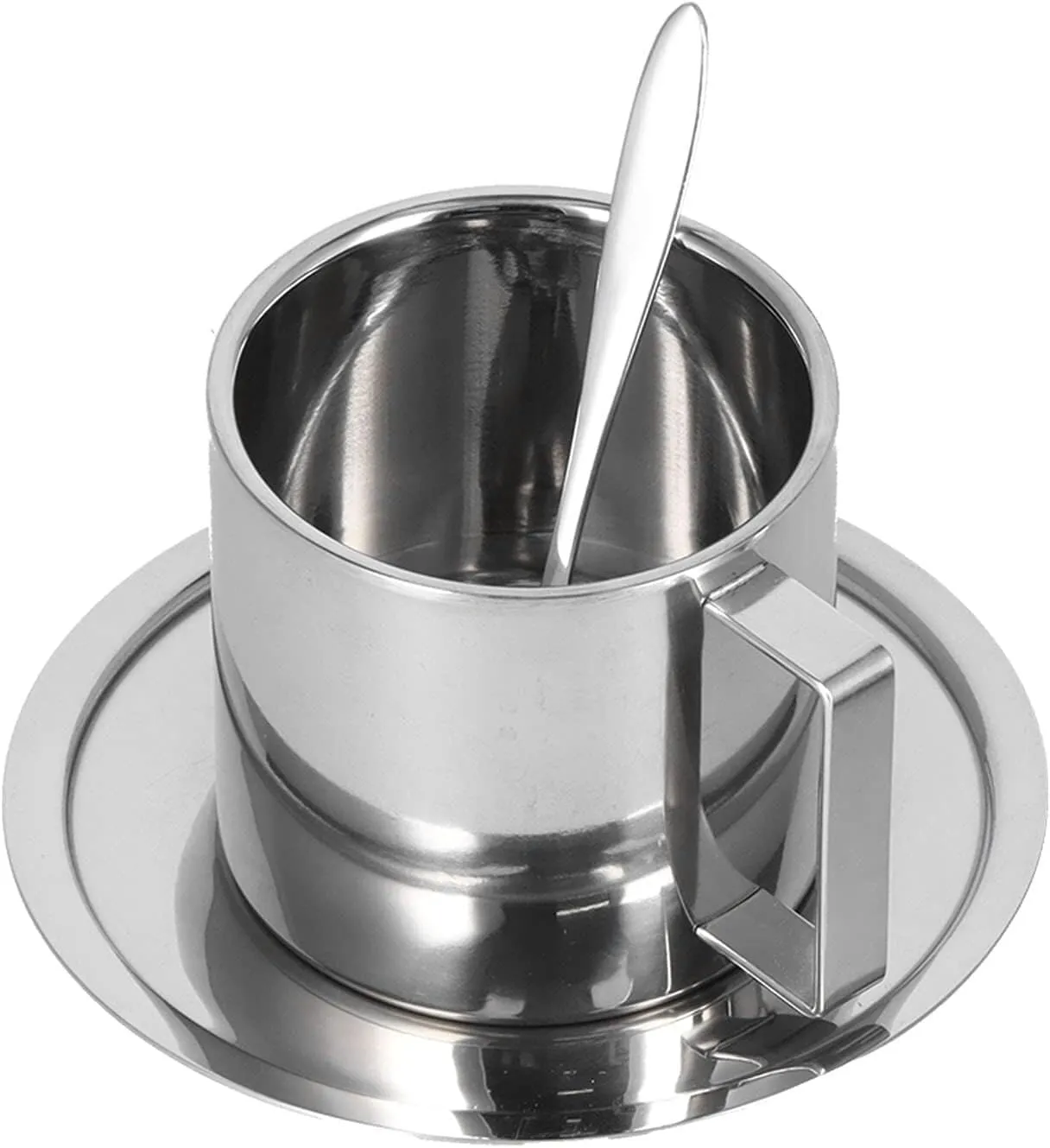 Camping Cup,Backpacking Cup,Collapsible Cup，plplaaoo Coffee Mug Set, Stainless Steel Coffee Cup,Double Wall Insulated Coffee Mug with Saucer and Spoon,with Handle,for Latte,Milk,Tea,Cappuccino(Milano