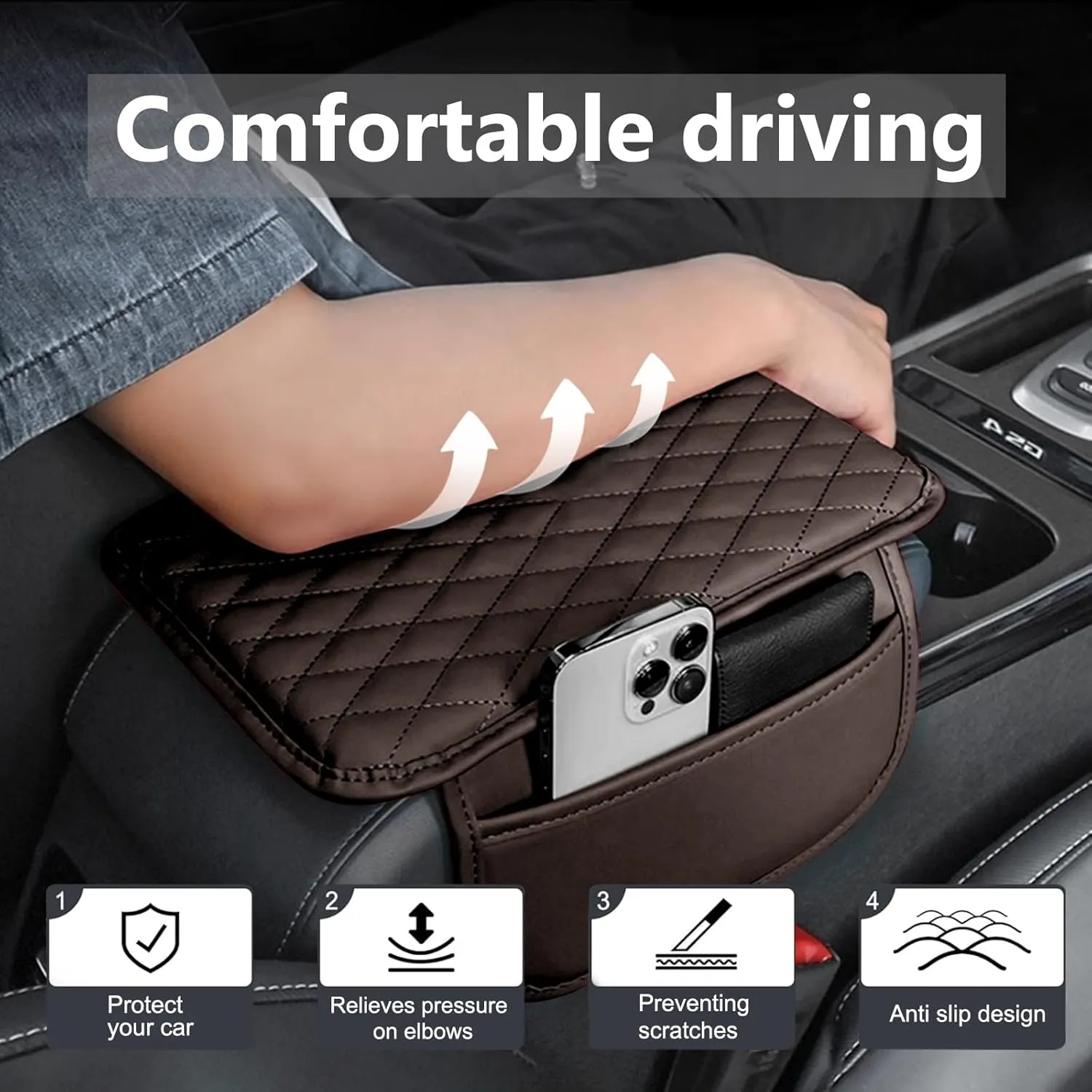 Car Center Console Cover Leather Armrest Cover Cushion with 2 Storage Bags Universal Car Armrest Seat Box Pad Car Interior Accessories Protector for Most Vehicle