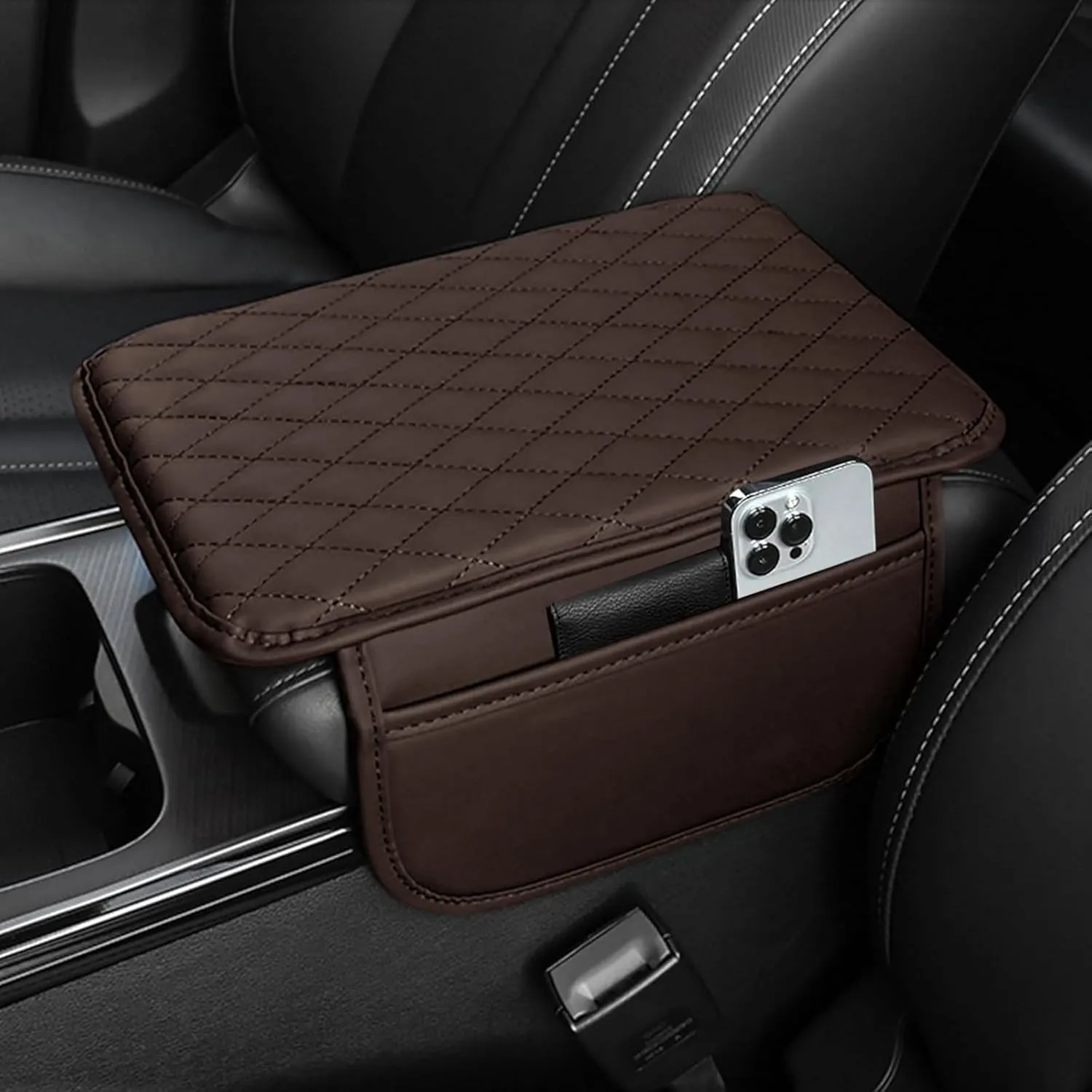 Car Center Console Cover Leather Armrest Cover Cushion with 2 Storage Bags Universal Car Armrest Seat Box Pad Car Interior Accessories Protector for Most Vehicle