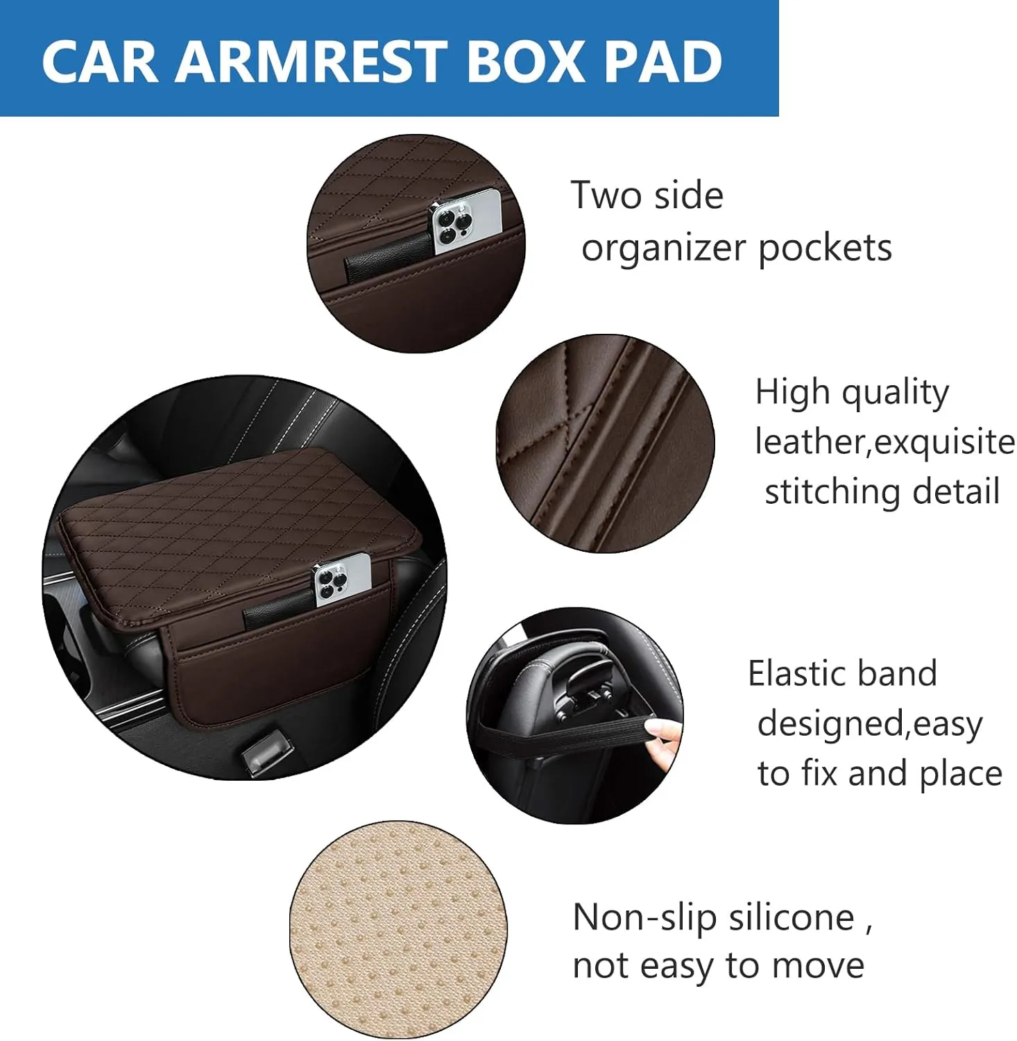 Car Center Console Cover Leather Armrest Cover Cushion with 2 Storage Bags Universal Car Armrest Seat Box Pad Car Interior Accessories Protector for Most Vehicle