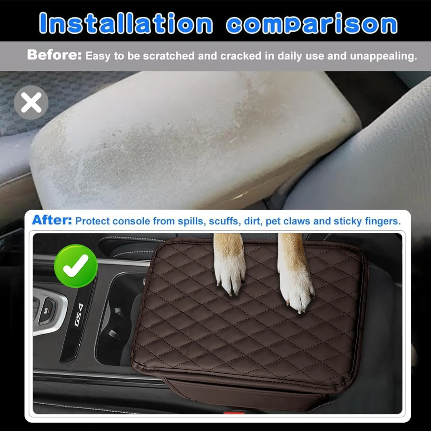 Car Center Console Cover Leather Armrest Cover Cushion with 2 Storage Bags Universal Car Armrest Seat Box Pad Car Interior Accessories Protector for Most Vehicle