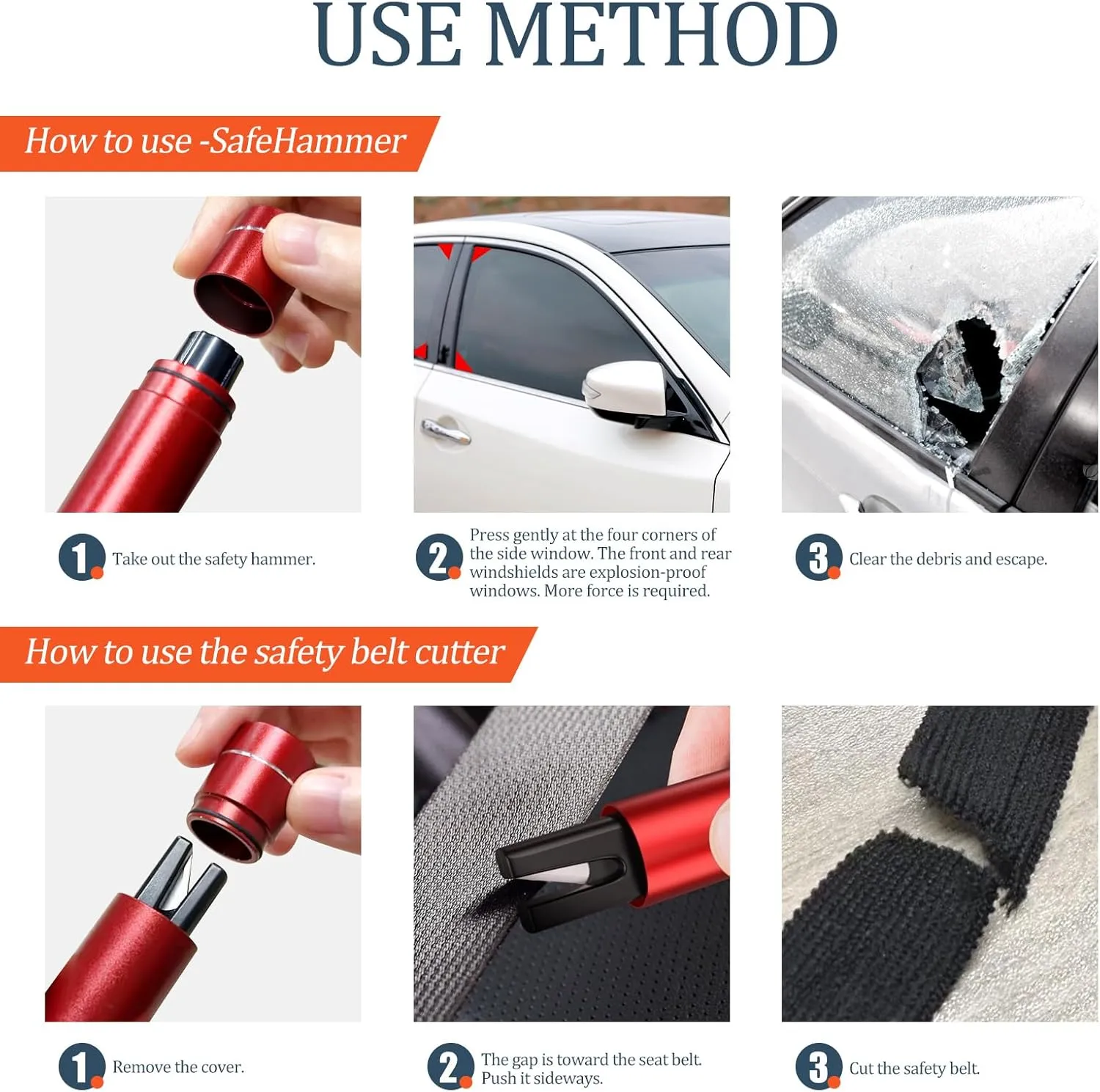 Car Window Breaker and Seatbelt Cutter 4 Pack, 2-in-1 Car Safety Hammer, Multifunctional Auto Glass Breaker, Portable Emergency Rescue Tool for Automotive Accidents