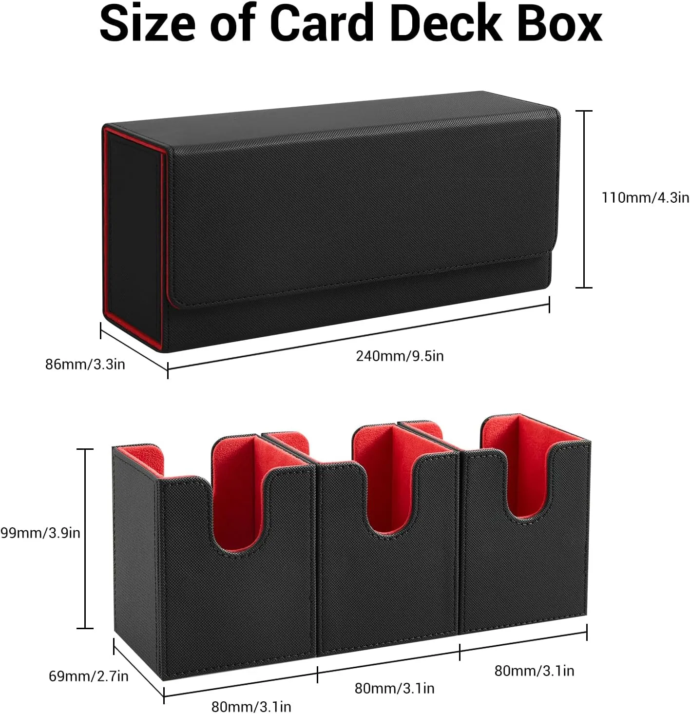 Card Deck Box For MTG, 3 in 1 Commander Deck Box Magic The Gathering Deck Box Trading Card Deck Storage Box Holding 300  Unsleeved Cards Strong Magnet Yugioh Deck Box (Black and Red)