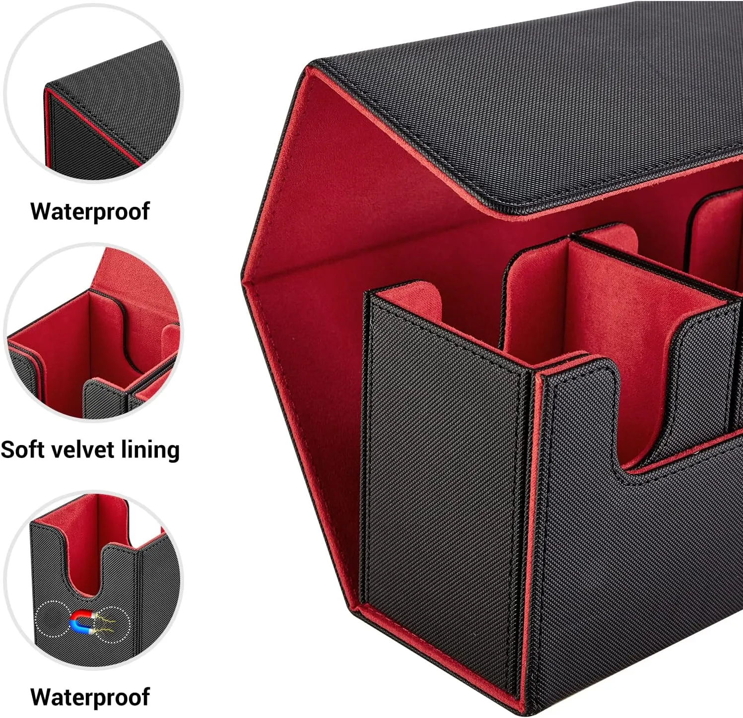 Card Deck Box For MTG, 3 in 1 Commander Deck Box Magic The Gathering Deck Box Trading Card Deck Storage Box Holding 300  Unsleeved Cards Strong Magnet Yugioh Deck Box (Black and Red)