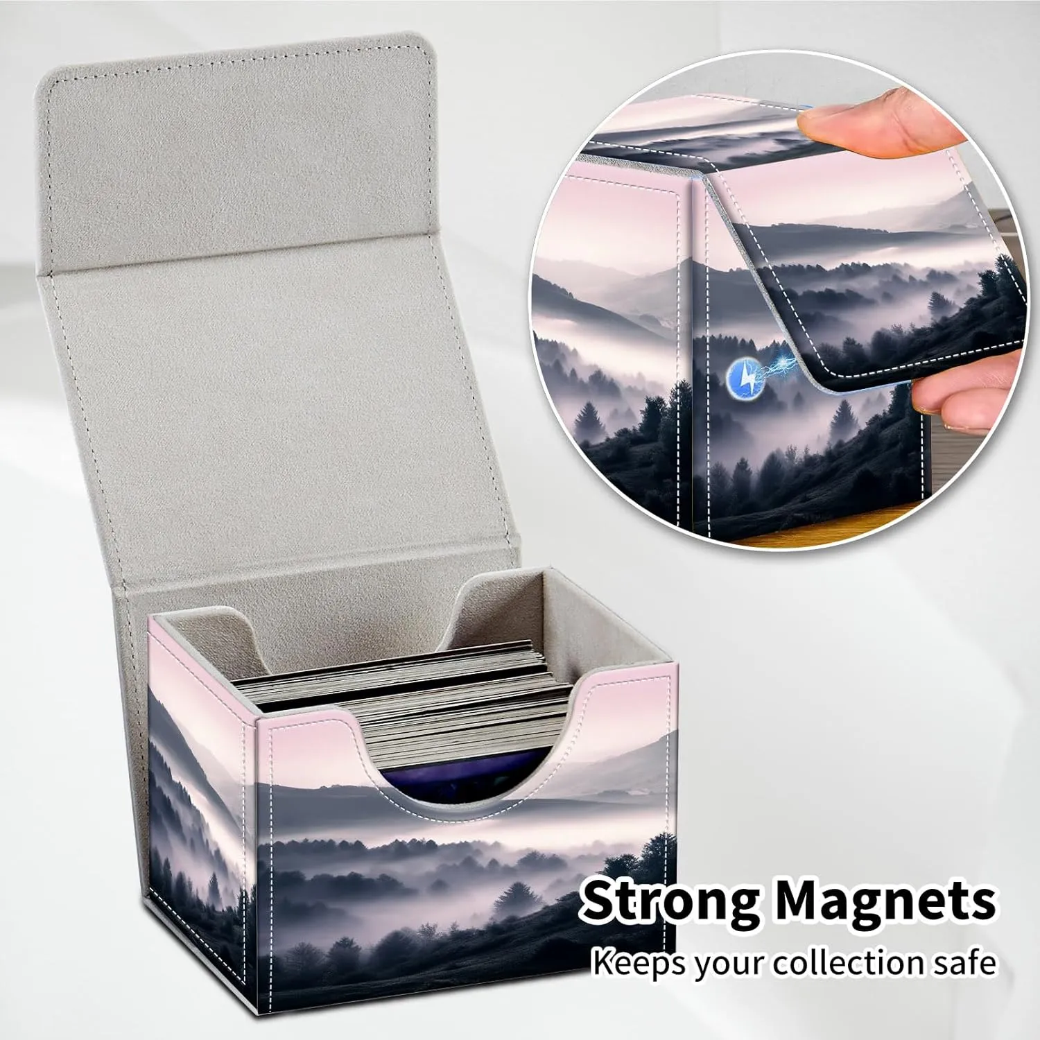 Card Deck Box for MTG, PU Leather Microfiber Lining Trading Card Storage Case Fits 100  Sleeved Cards Strong Magnet Cover Holder for Magic Commander TCG CCG, A Landscape Painting