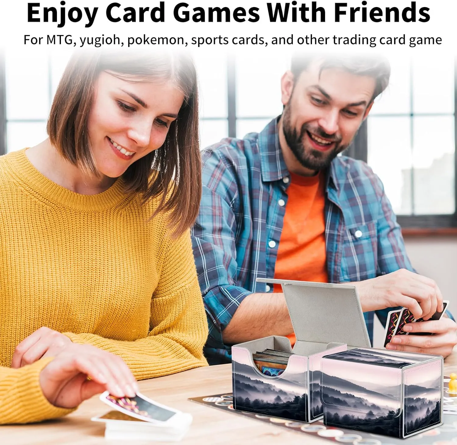 Card Deck Box for MTG, PU Leather Microfiber Lining Trading Card Storage Case Fits 100  Sleeved Cards Strong Magnet Cover Holder for Magic Commander TCG CCG, A Landscape Painting