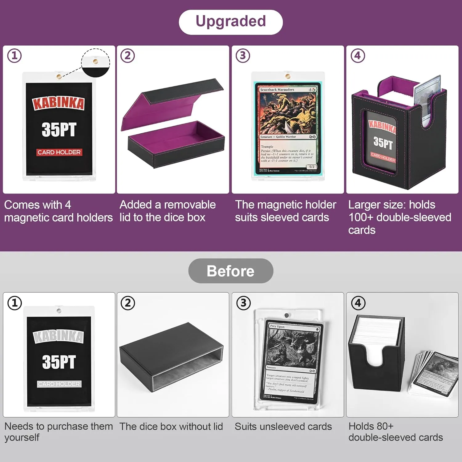 Card Deck Box for MTG with Commander Display, 5 in 1 Card Storage Box Fits 400  Double-sleeved Cards, Removable Deck Case for TCG/Sports Cards with Dice Tray, 4 Magnetic Card Holders (Black Purple)