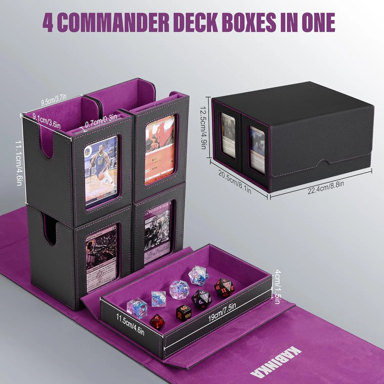 Card Deck Box for MTG with Commander Display, 5 in 1 Card Storage Box Fits 400  Double-sleeved Cards, Removable Deck Case for TCG/Sports Cards with Dice Tray, 4 Magnetic Card Holders (Black Purple)