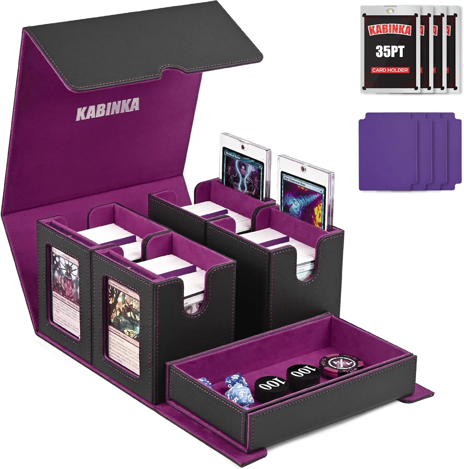 Card Deck Box for MTG with Commander Display, 5 in 1 Card Storage Box Fits 400  Double-sleeved Cards, Removable Deck Case for TCG/Sports Cards with Dice Tray, 4 Magnetic Card Holders (Black Purple)