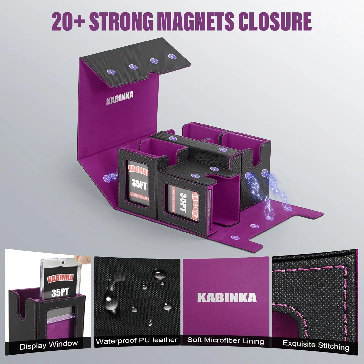 Card Deck Box for MTG with Commander Display, 5 in 1 Card Storage Box Fits 400  Double-sleeved Cards, Removable Deck Case for TCG/Sports Cards with Dice Tray, 4 Magnetic Card Holders (Black Purple)