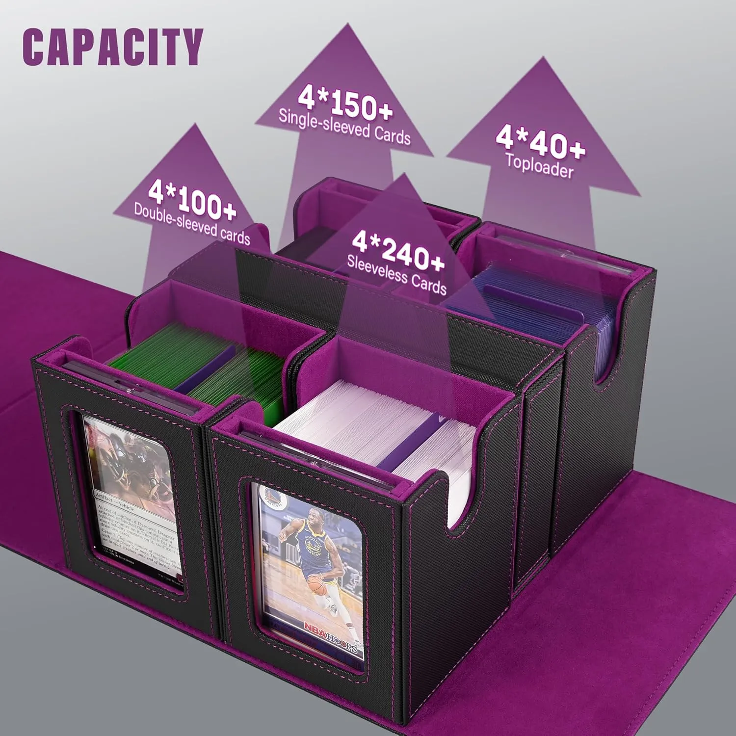 Card Deck Box for MTG with Commander Display, 5 in 1 Card Storage Box Fits 400  Double-sleeved Cards, Removable Deck Case for TCG/Sports Cards with Dice Tray, 4 Magnetic Card Holders (Black Purple)