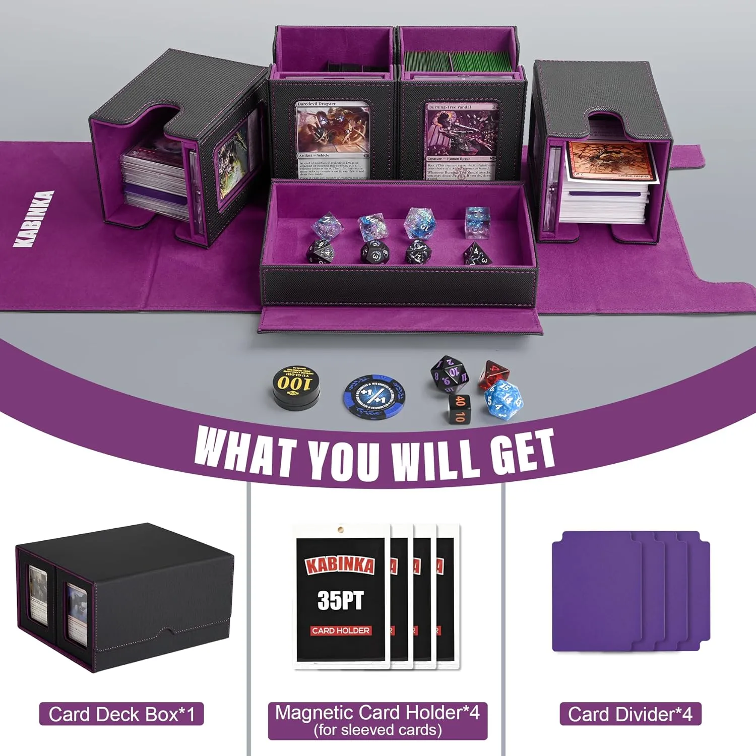 Card Deck Box for MTG with Commander Display, 5 in 1 Card Storage Box Fits 400  Double-sleeved Cards, Removable Deck Case for TCG/Sports Cards with Dice Tray, 4 Magnetic Card Holders (Black Purple)