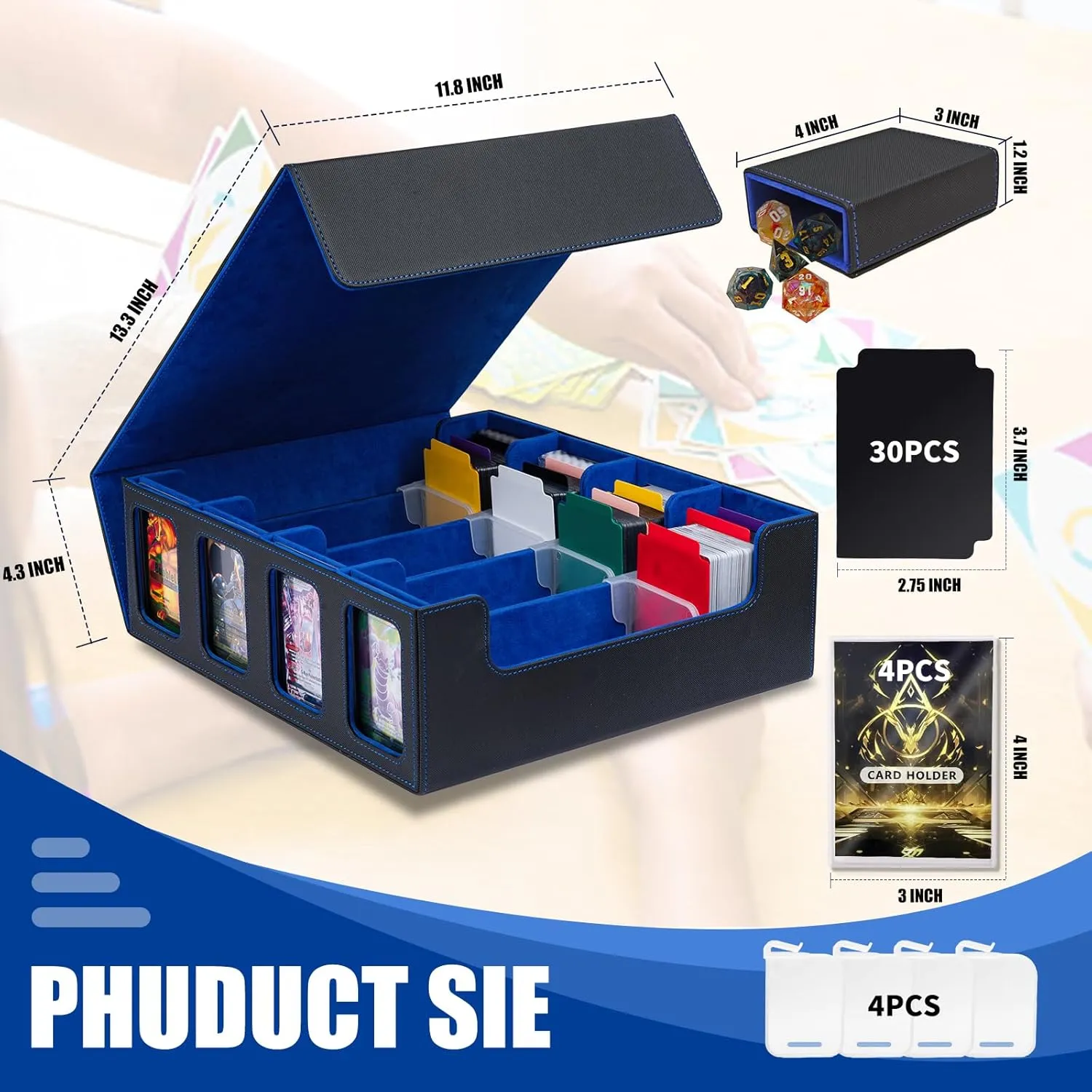 Card Storage Box 3200  MTG Commander Deck Box TCG Deck Case with Display Windows Dice Tray,Card Organizer 30 Colorful Dividers& 4 Supporters& 4 Toploaders