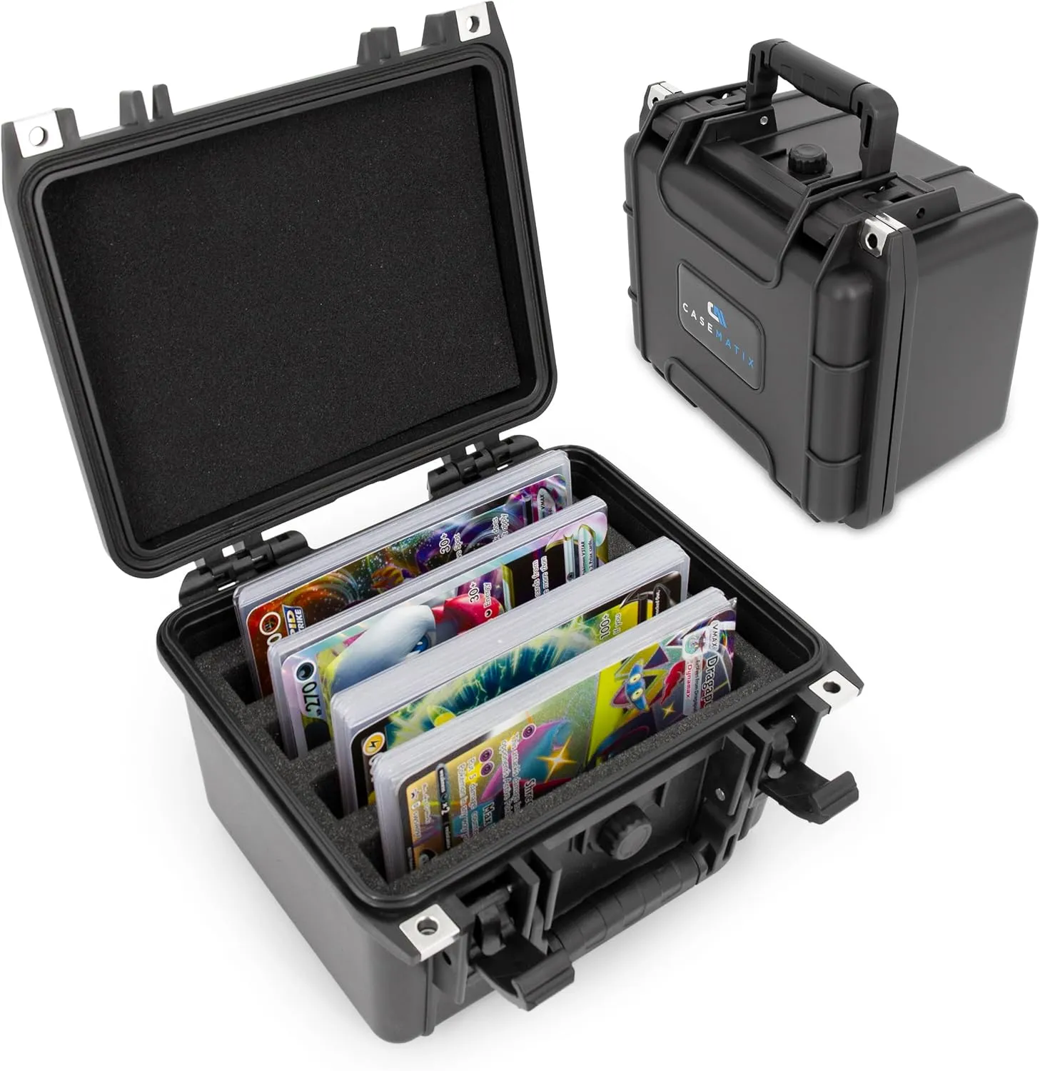 CASEMATIX Crush Proof Jumbo Card Case With 4 Card Dividers, Waterproof Oversize Card Case Compatible With Large Jumbo Pokemon Cards or Downtown Sports Cards, XL Card Slots Fit 8.5" x 5.6" Sleeves MAX