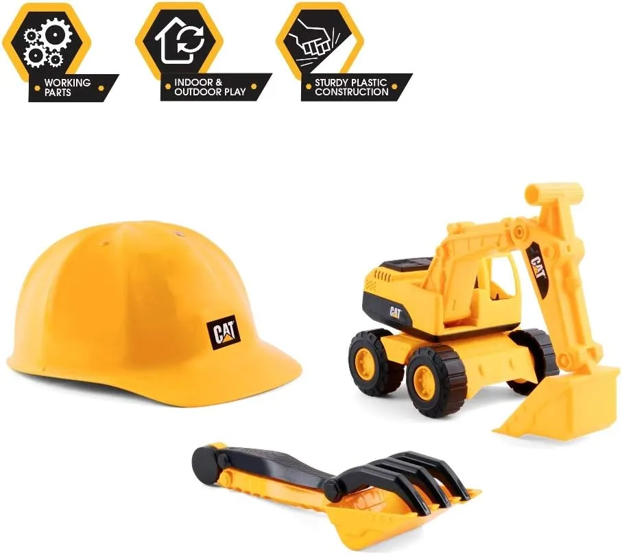 CAT Construction Toys, Excavator Sand Set Outdoor Toys - 10” CAT Toy Dumps Truck & Loader, Hard Hat, Shovel, Rake - Pretend Play, Ages 2 