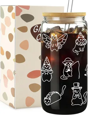 Cat Gifts for Women Girls - Funny Glass Cups with Lids and Straws, Cute Cool Cat Lover Gifts Decor Stuff Accessories, Iced Coffee Cup Tumbler for Bestie Birthday, 16 oz