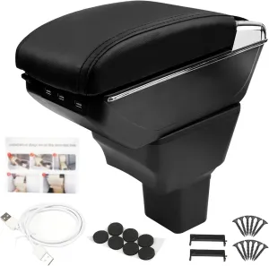 Center Console Armrest Compatible with Nissan Kicks 2016 2017 2018 2019 2020 2021 with 7 USB Port Cup Holder Double Layer Organizer Storage Box (All Black)