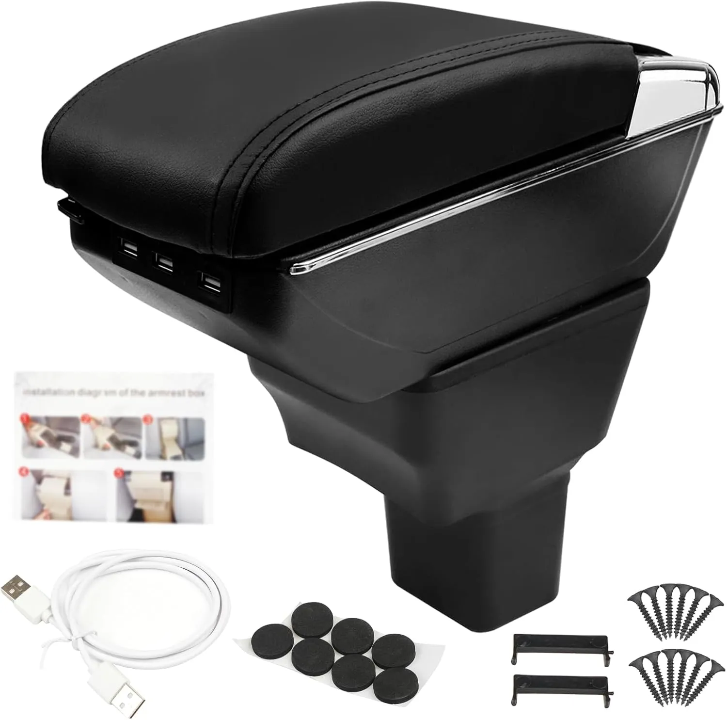 Center Console Armrest Compatible with Nissan Kicks 2016 2017 2018 2019 2020 2021 with 7 USB Port Cup Holder Double Layer Organizer Storage Box (All Black)