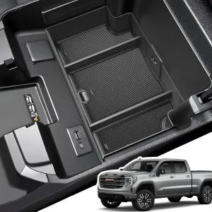 Center Console Organizer for 2023-2025 Chevy Silverado/GMC Sierra 1500 (Full Console w/Bucket Seats ONLY), ABS Armrest Storage Box, Middle Console Tray Organizer, Black