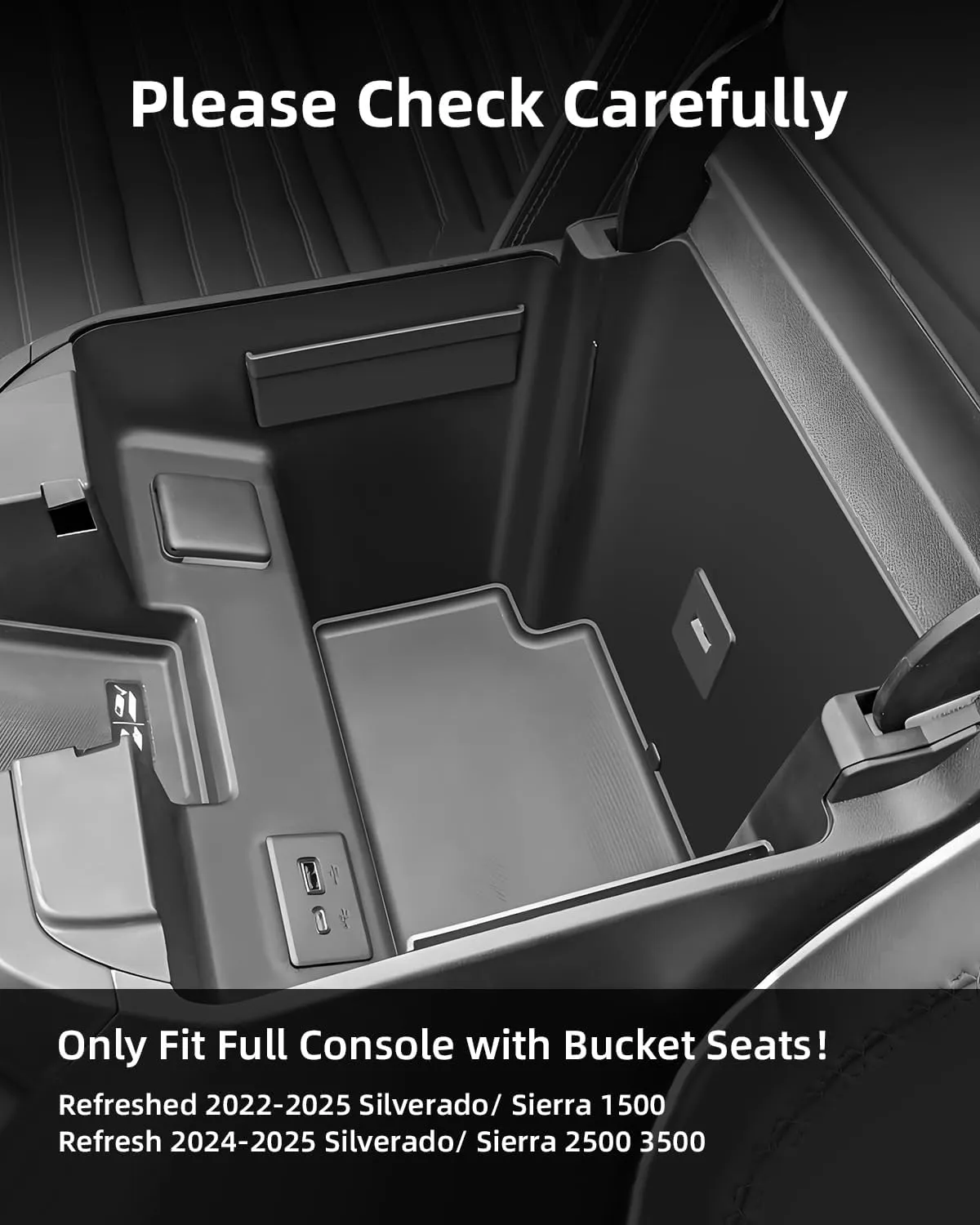 Center Console Organizer for 2023-2025 Chevy Silverado/GMC Sierra 1500 (Full Console w/Bucket Seats ONLY), ABS Armrest Storage Box, Middle Console Tray Organizer, Black