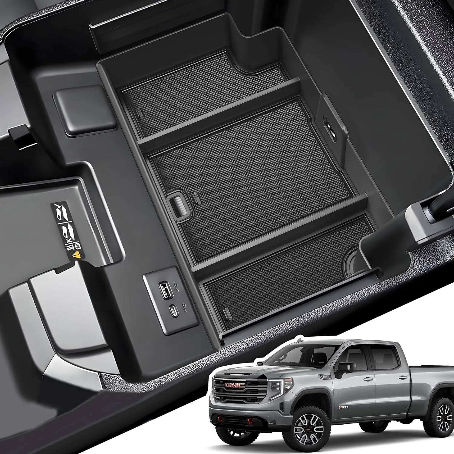 Center Console Organizer for 2023-2025 Chevy Silverado/GMC Sierra 1500 (Full Console w/Bucket Seats ONLY), ABS Armrest Storage Box, Middle Console Tray Organizer, Black