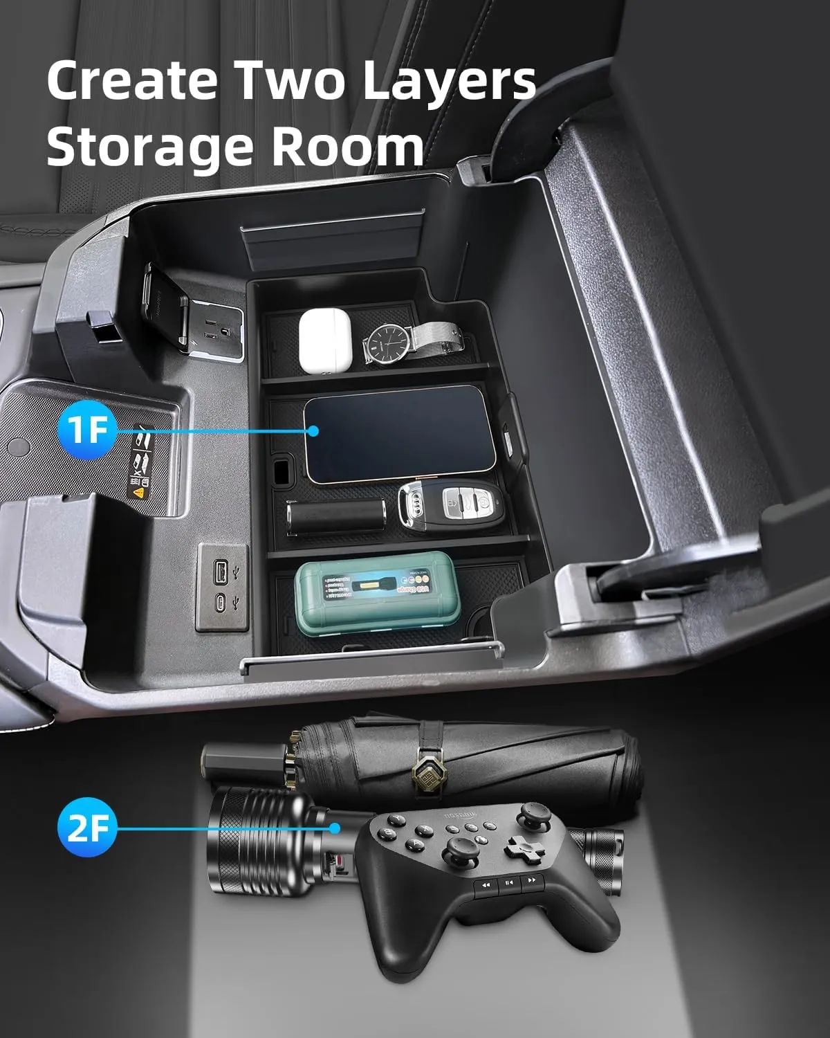 Center Console Organizer for 2023-2025 Chevy Silverado/GMC Sierra 1500 (Full Console w/Bucket Seats ONLY), ABS Armrest Storage Box, Middle Console Tray Organizer, Black