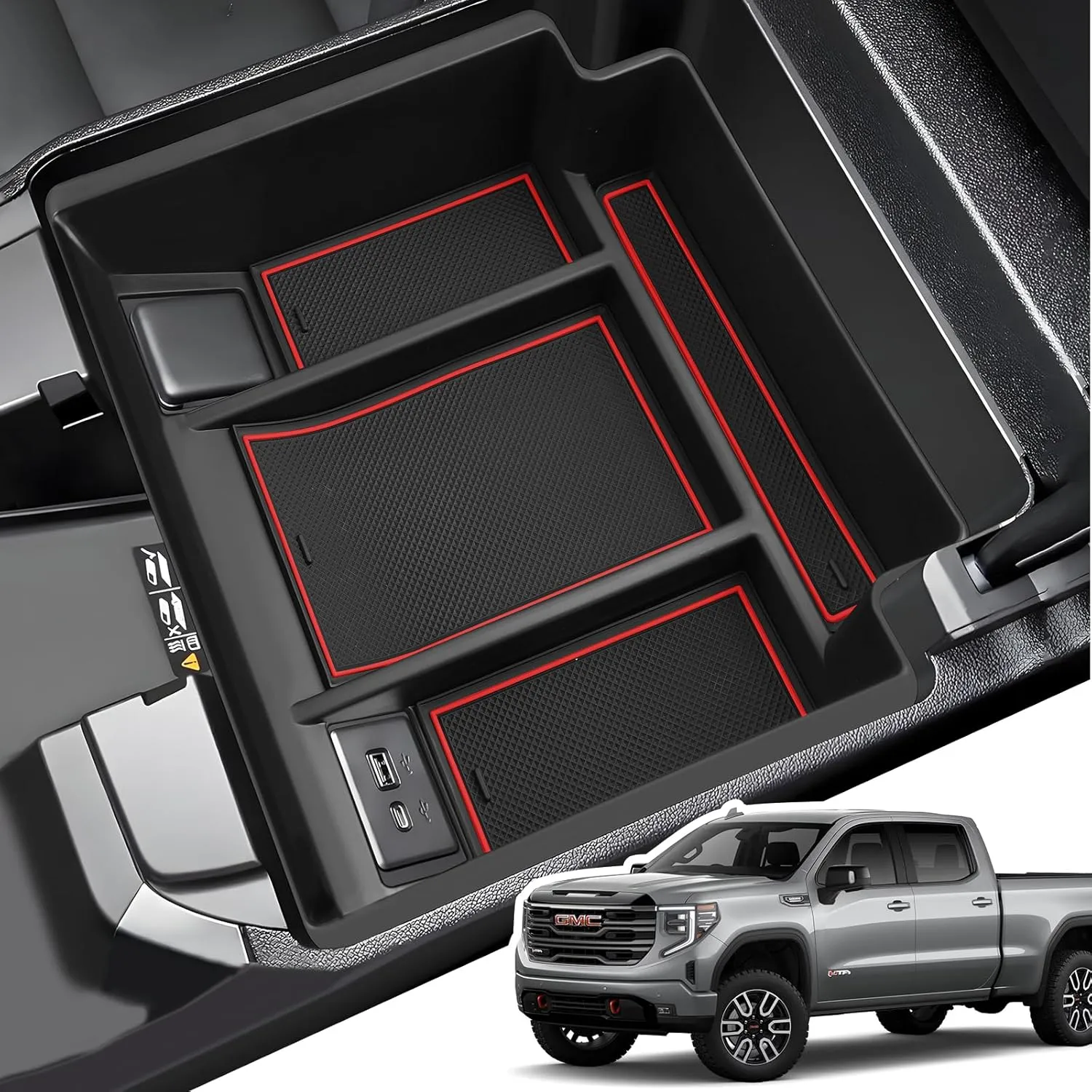 Center Console Organizer for 2023-2025 Chevy Silverado/GMC Sierra 1500 (Full Console w/Bucket Seats ONLY), ABS Armrest Storage Box, Middle Console Tray Organizer, Red