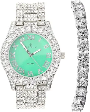 Charles Raymond Women's Big Rocks Bezel Colored Dial with Roman Numerals Fully Iced Out Watch and Matching Beautiful Sparkling Tennis Bracelet Set - ST10327LA (TLA Silver - Mint)