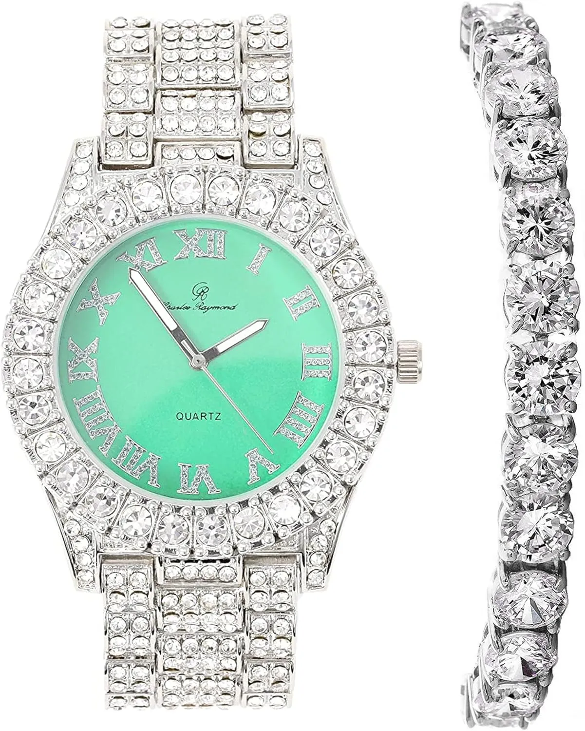 Charles Raymond Women's Big Rocks Bezel Colored Dial with Roman Numerals Fully Iced Out Watch and Matching Beautiful Sparkling Tennis Bracelet Set - ST10327LA (TLA Silver - Mint)