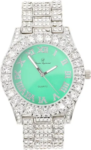Charles Raymond Women's Big Rocks Bezel Colored Dial with Roman Numerals Fully Iced Out Watch - ST10327LA (Silver - Mint)