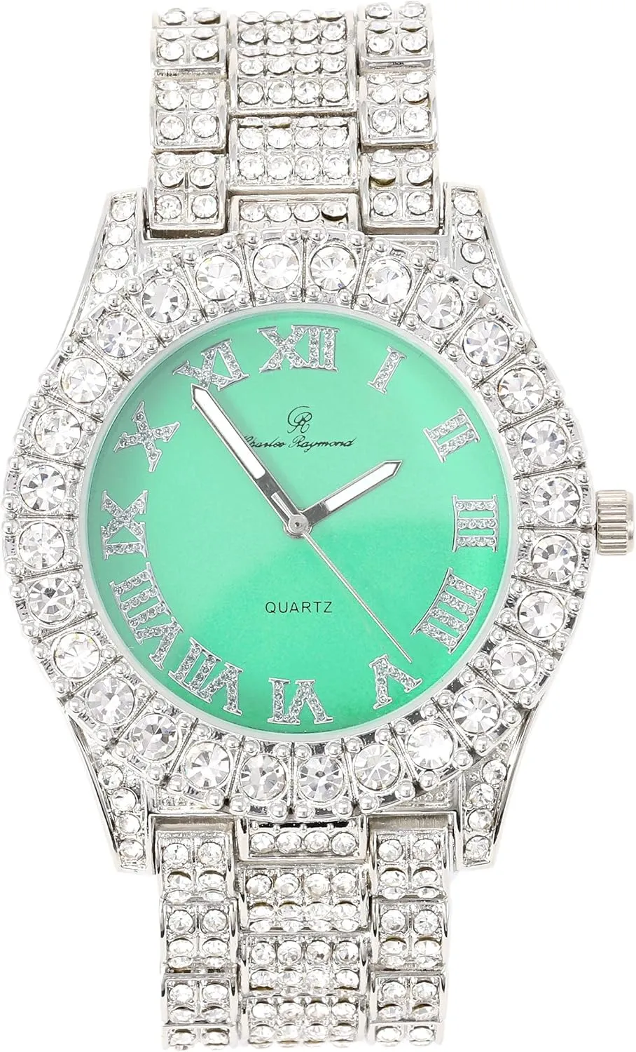 Charles Raymond Women's Big Rocks Bezel Colored Dial with Roman Numerals Fully Iced Out Watch - ST10327LA (Silver - Mint)