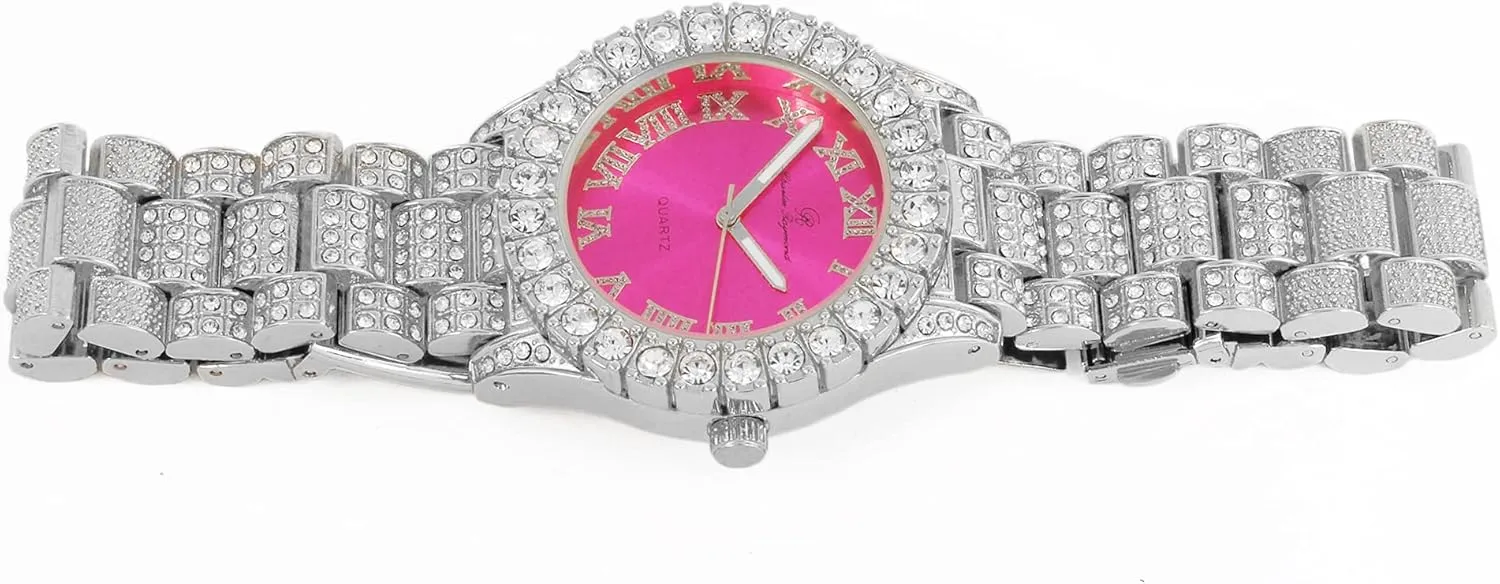 Charles Raymond Women's Big Rocks Bezel Colored Dial with Roman Numerals Fully Iced Out Watch - ST10327LA