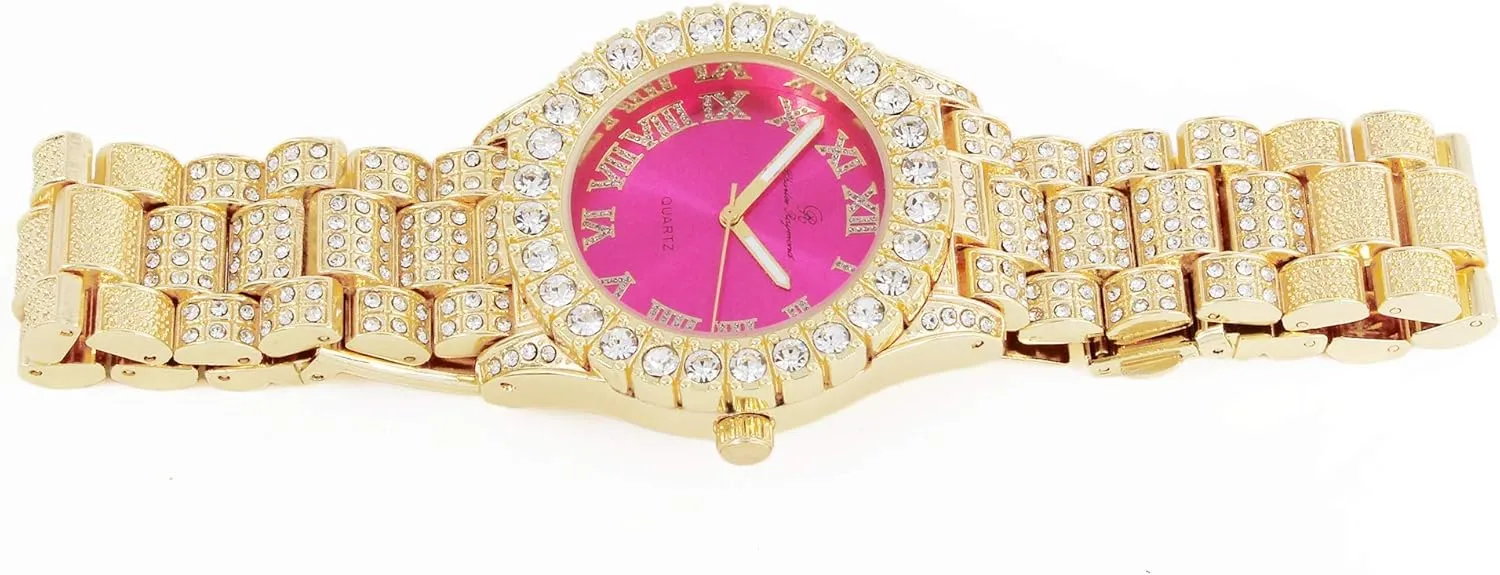 Charles Raymond Women's Big Rocks Bezel Colored Dial with Roman Numerals Fully Iced Out Watch - ST10327LA