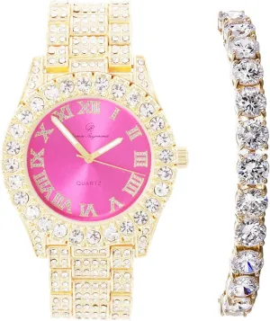 Charles Raymond Women's Big Rocks Bezel Colored Dial with Roman Numerals Fully Iced Out Watch - ST10327LA