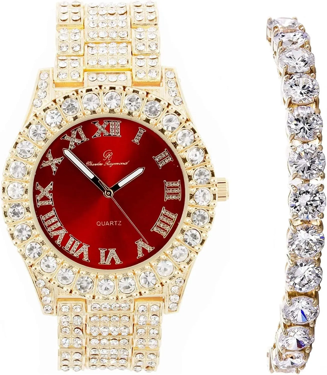 Charles Raymond Women's Big Rocks Bezel Colored Dial with Roman Numerals Fully Iced Out Watch - ST10327LA