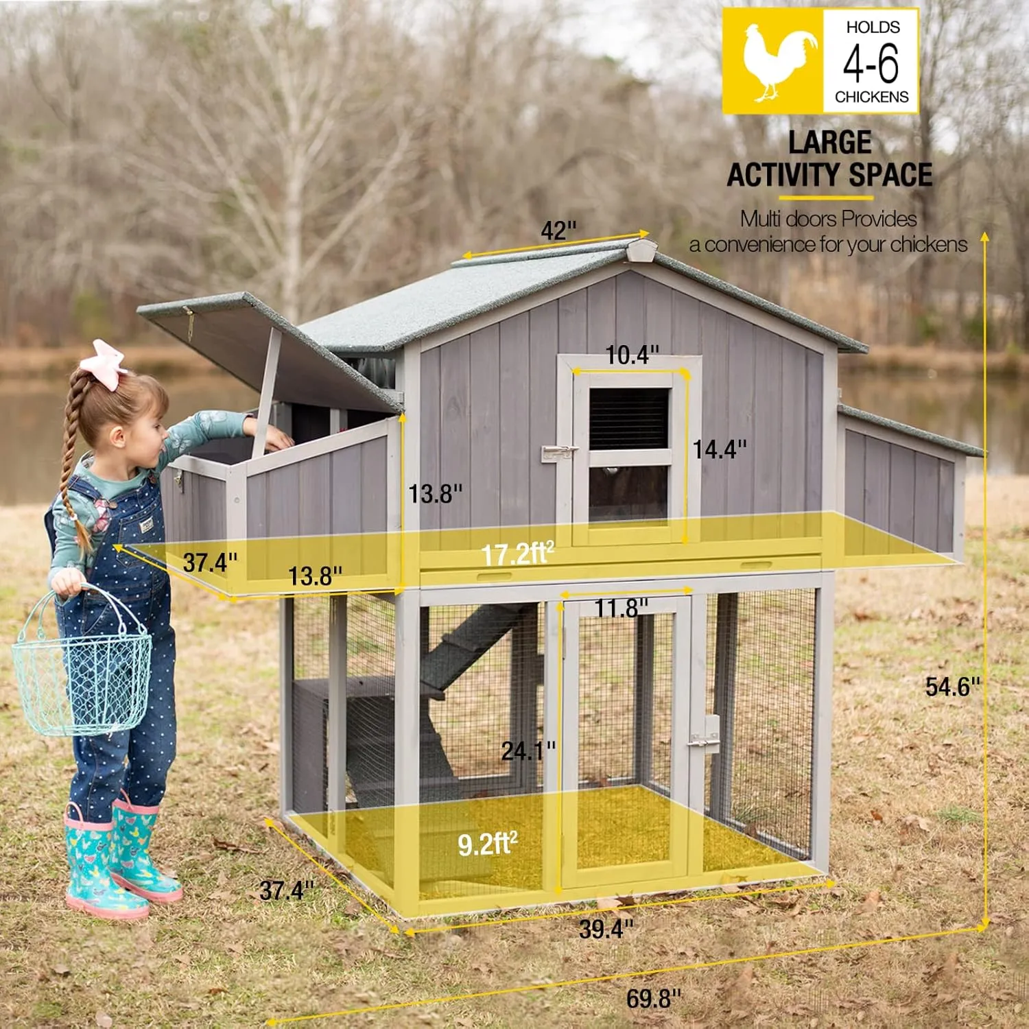Chicken Coop Portable Chicken House with Metal Edge Easy to Set Up by Few Steps Wooden Poultry Cage with Large Nesting Box,Multi-Levels,26ft²